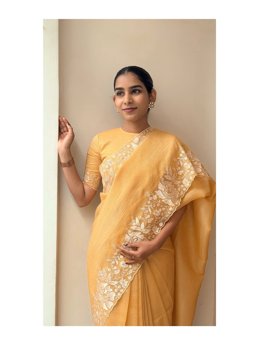 candy crush saree with white floral embroidery cutwork border