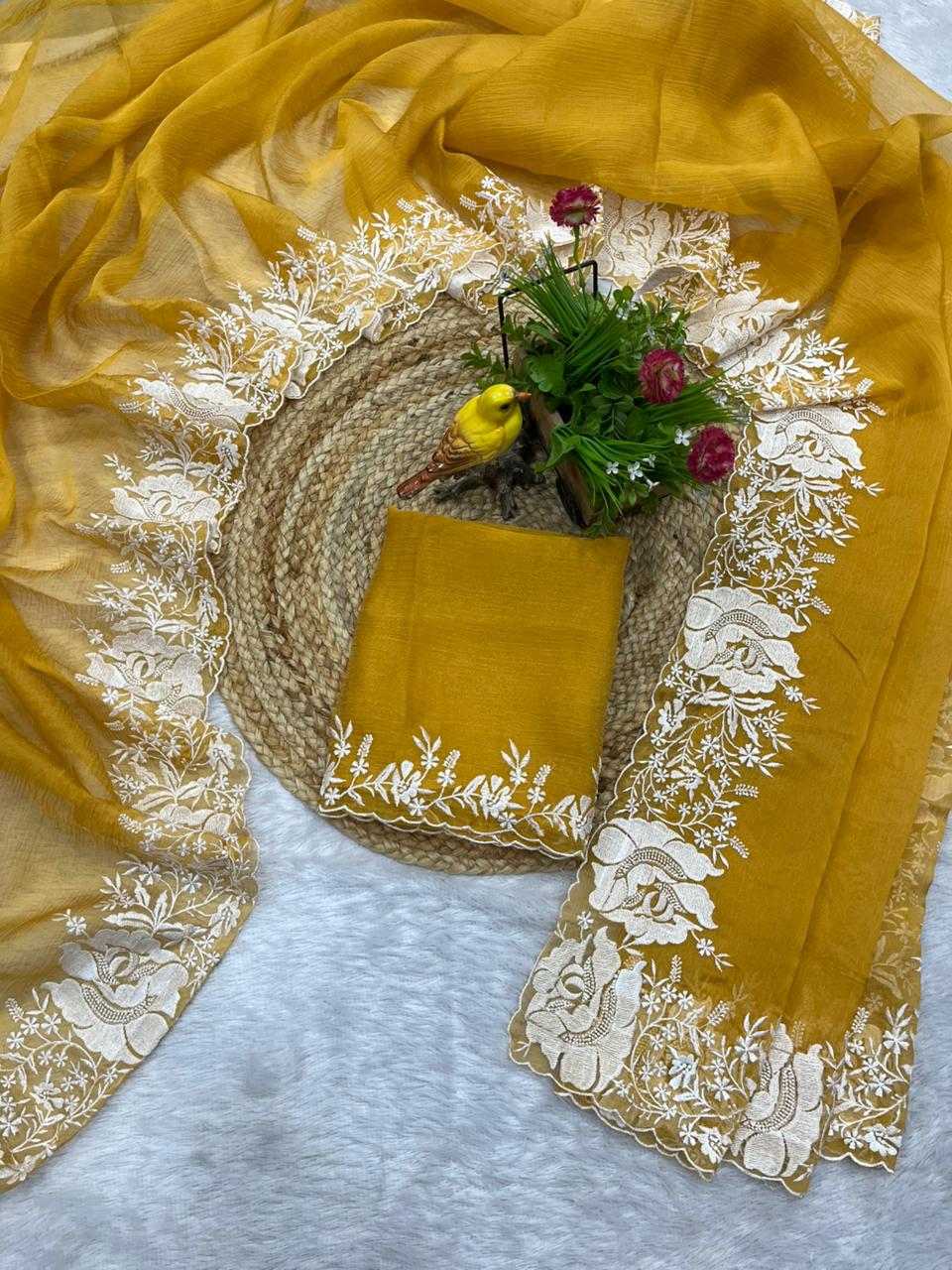 candy crush saree with white floral embroidery cutwork border