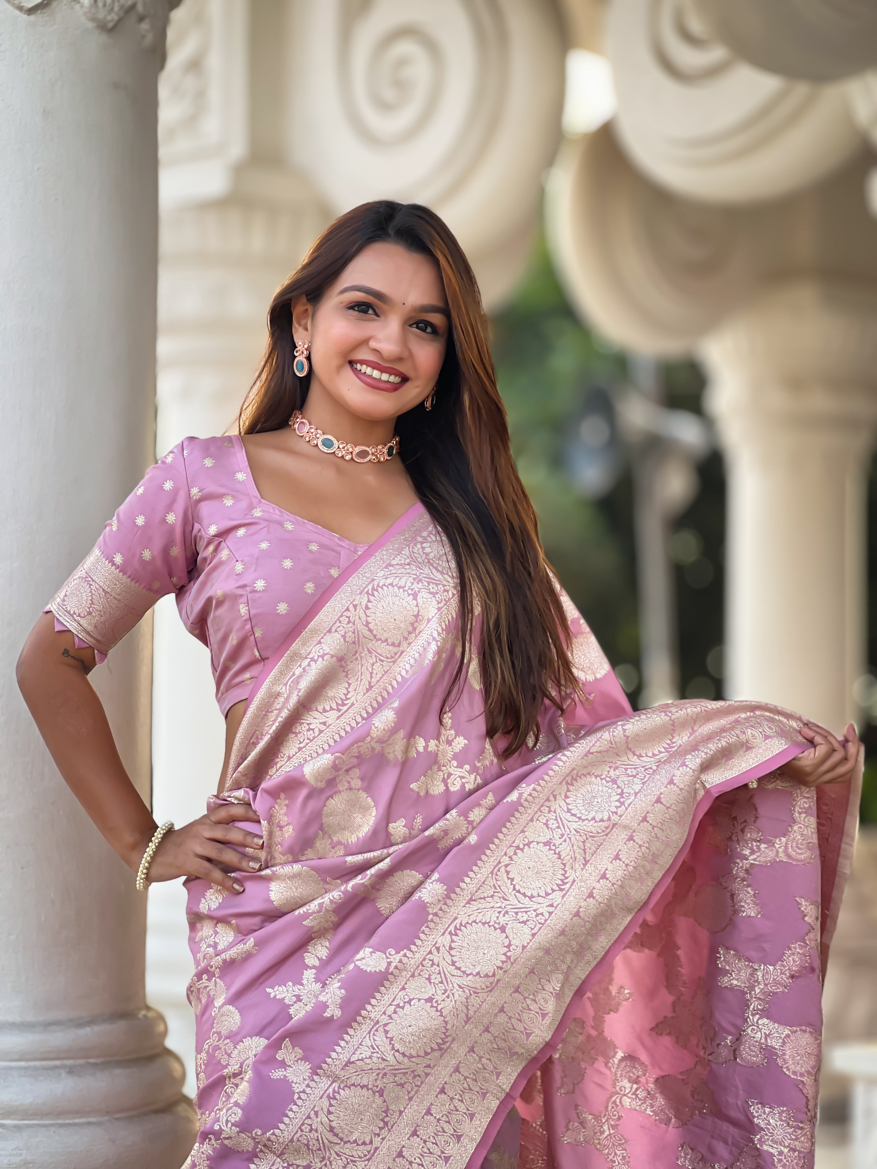 Soft Banarasi Silk Saree; Pure Silk Zari Weaving Saree; Traditional Meenakari Work Banarasi Sari; Rich Woven Pallu; Tassels on Pallu; Matching Soft Silk Woven Blouse Piece