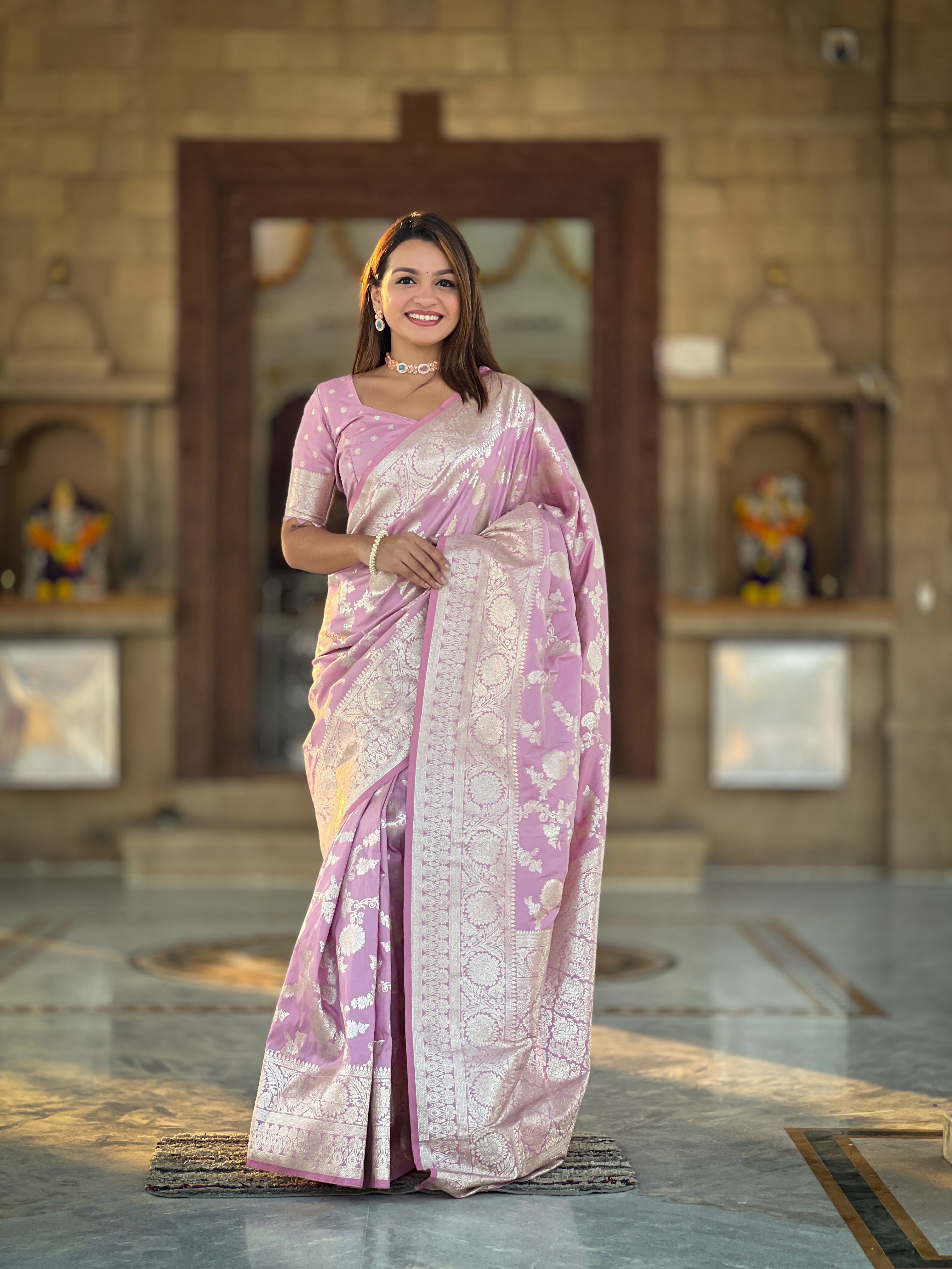 Soft Banarasi Silk Saree; Pure Silk Zari Weaving Saree; Traditional Meenakari Work Banarasi Sari; Rich Woven Pallu; Tassels on Pallu; Matching Soft Silk Woven Blouse Piece