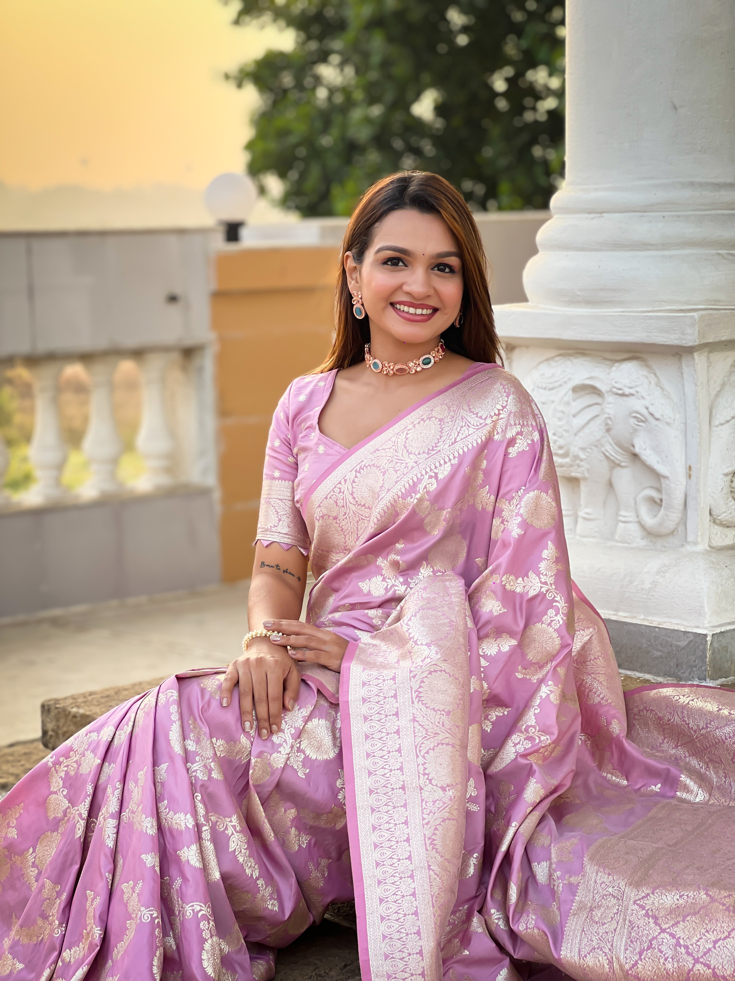 Soft Banarasi Silk Saree; Pure Silk Zari Weaving Saree; Traditional Meenakari Work Banarasi Sari; Rich Woven Pallu; Tassels on Pallu; Matching Soft Silk Woven Blouse Piece