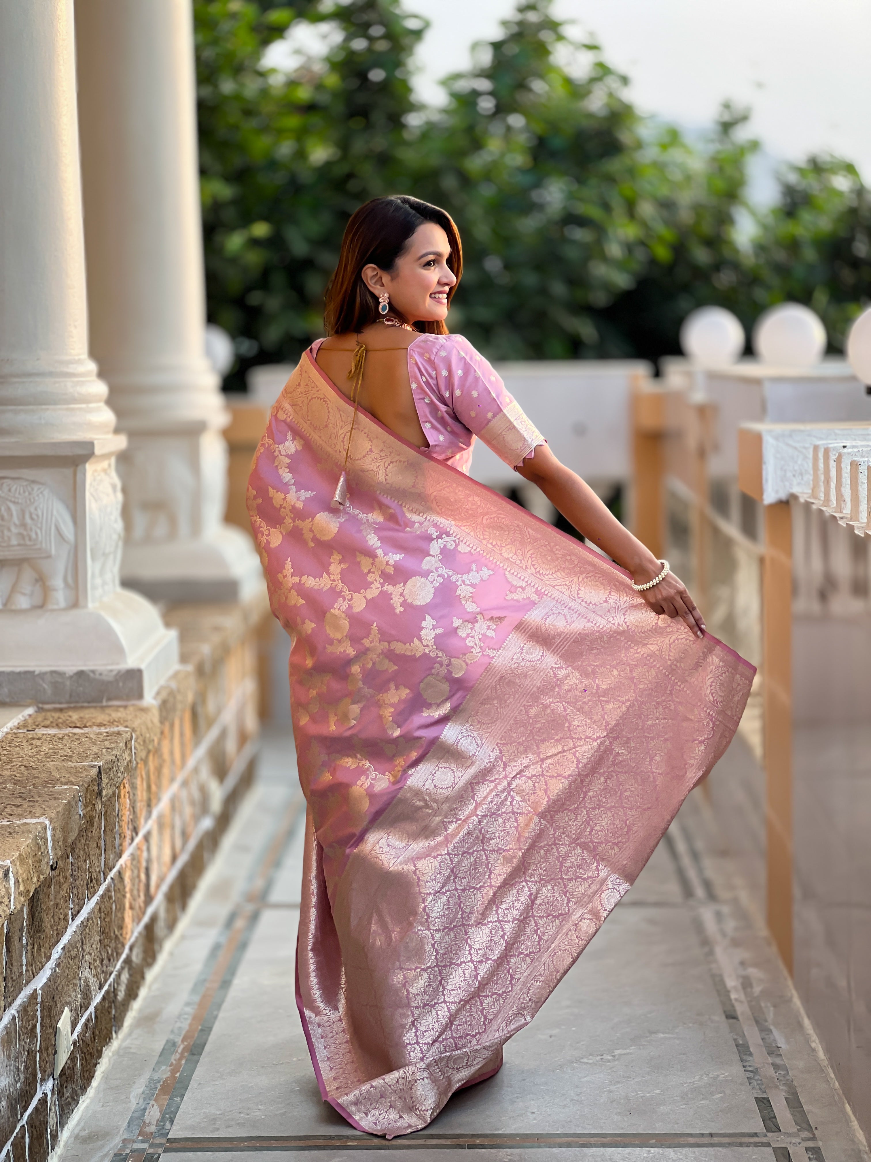 Soft Banarasi Silk Saree; Pure Silk Zari Weaving Saree; Traditional Meenakari Work Banarasi Sari; Rich Woven Pallu; Tassels on Pallu; Matching Soft Silk Woven Blouse Piece