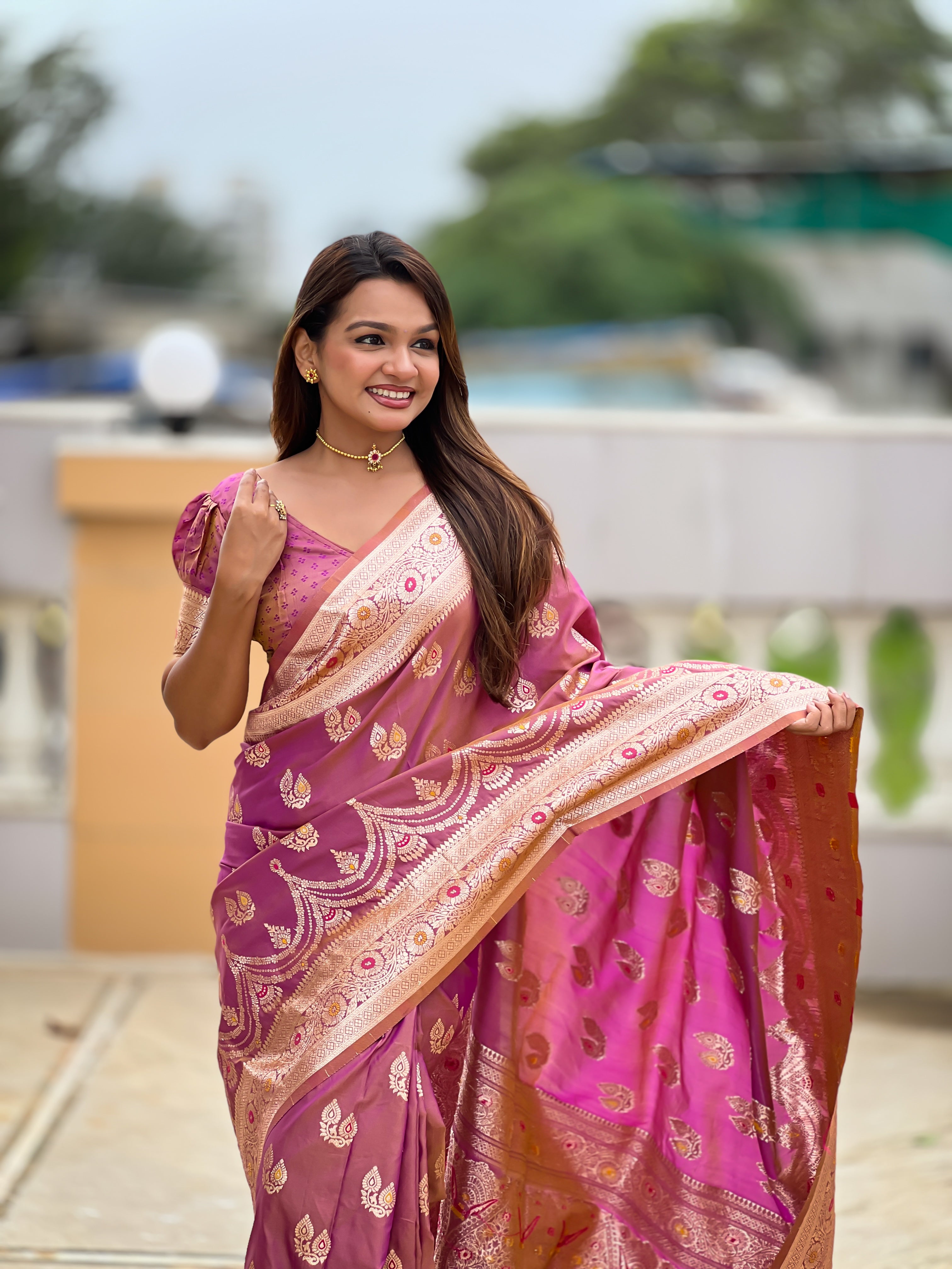 Soft Banarasi Silk Saree; Pure Silk Zari Weaving Saree; Traditional Meenakari Work Banarasi Sari; Rich Woven Pallu; Tassels on Pallu; Matching Soft Silk Woven Blouse Piece