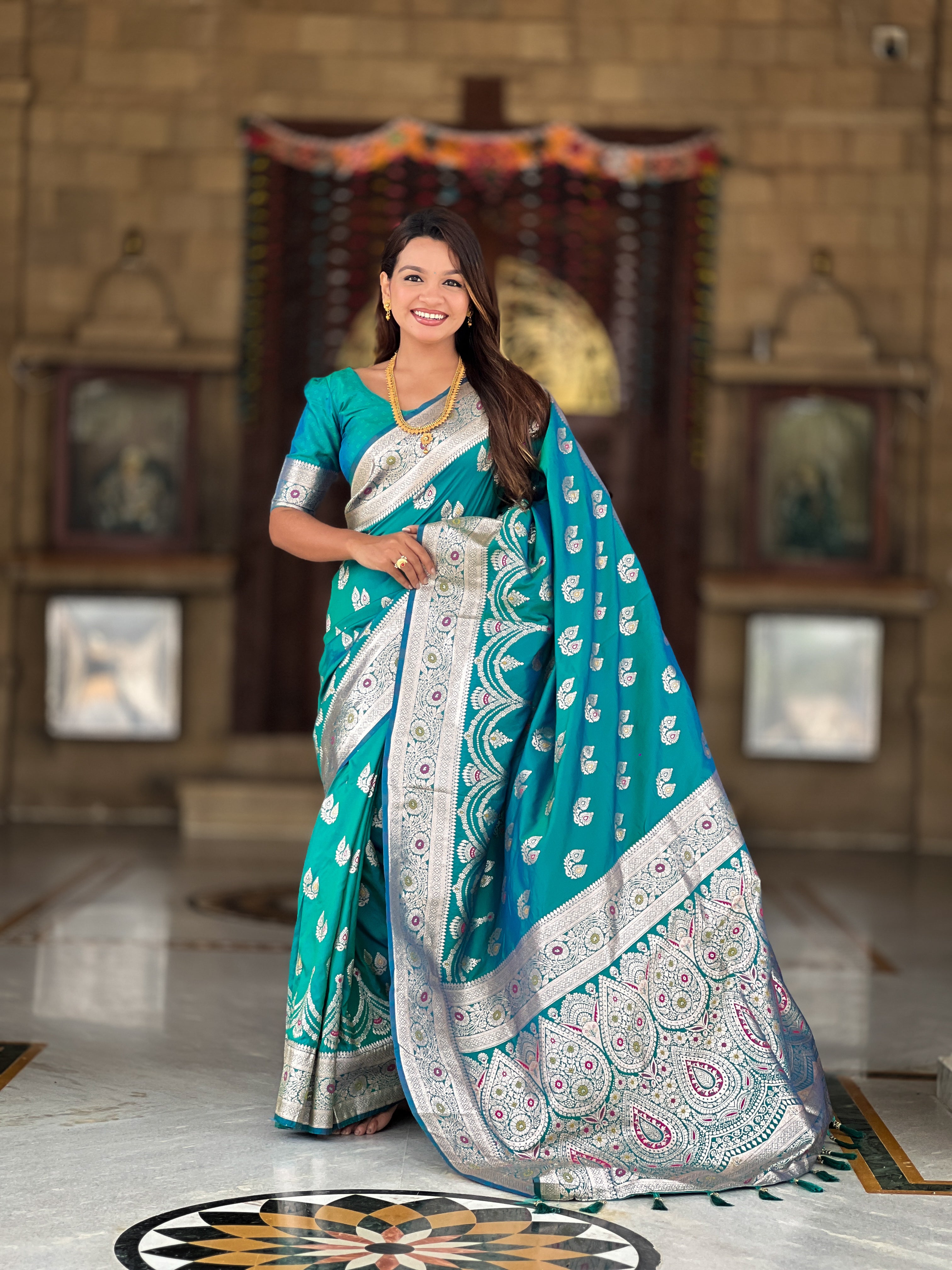 Soft Banarasi Silk Saree; Pure Silk Zari Weaving Saree; Traditional Meenakari Work Banarasi Sari; Rich Woven Pallu; Tassels on Pallu; Matching Soft Silk Woven Blouse Piece