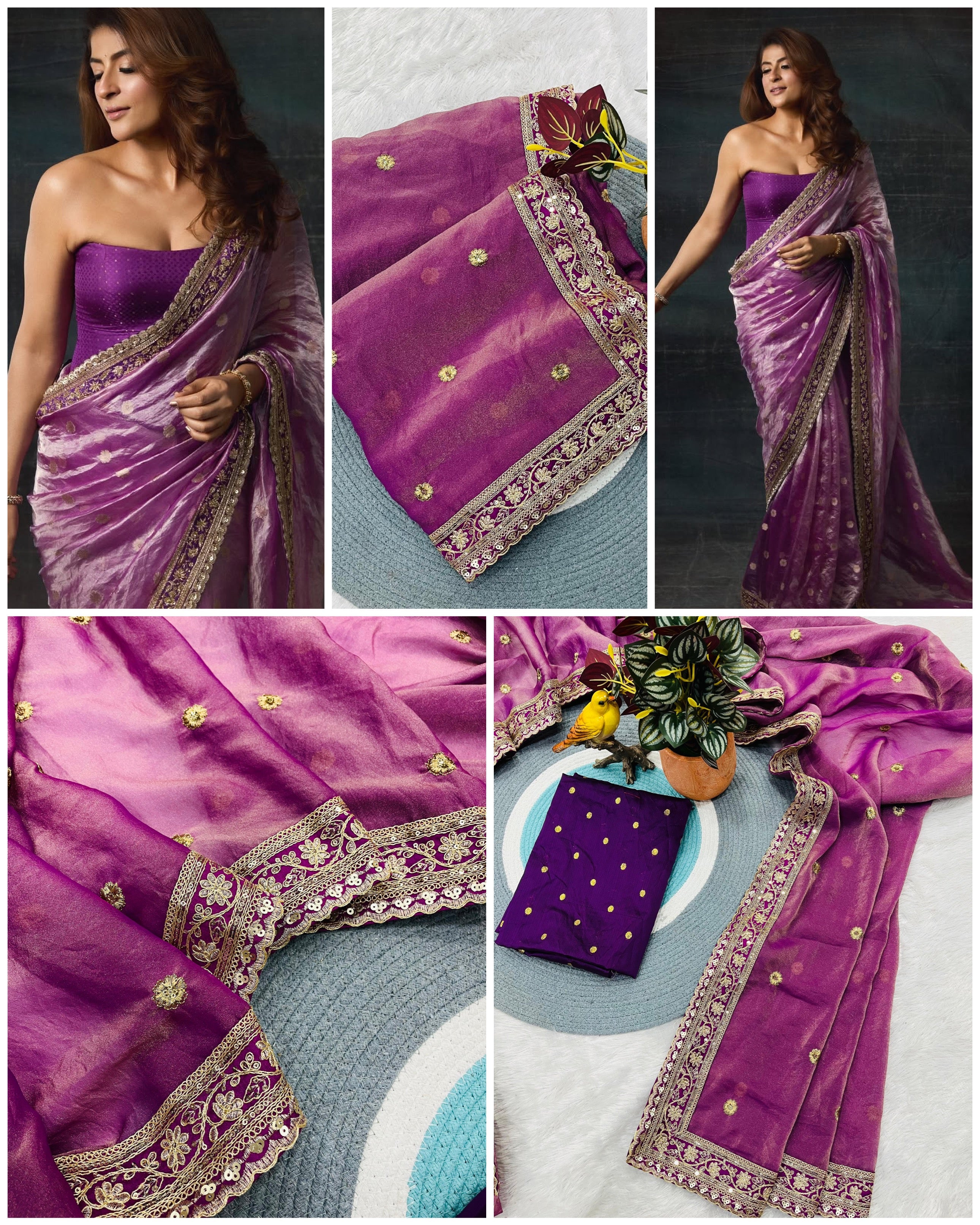 soft mocha silk saree with sequins cording work zari butti lace border