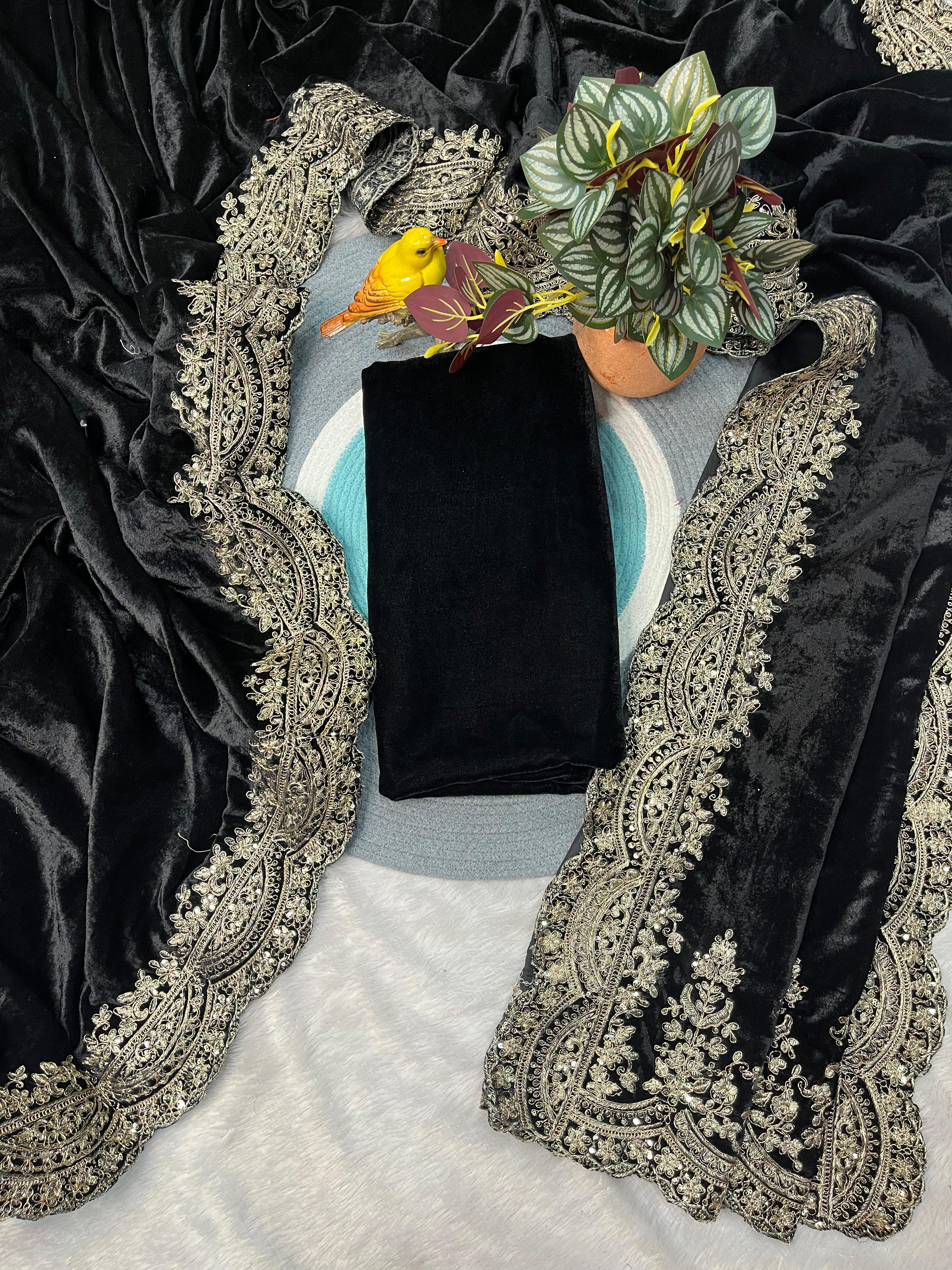 viscose velvet saree with sequins zari dori embroidery