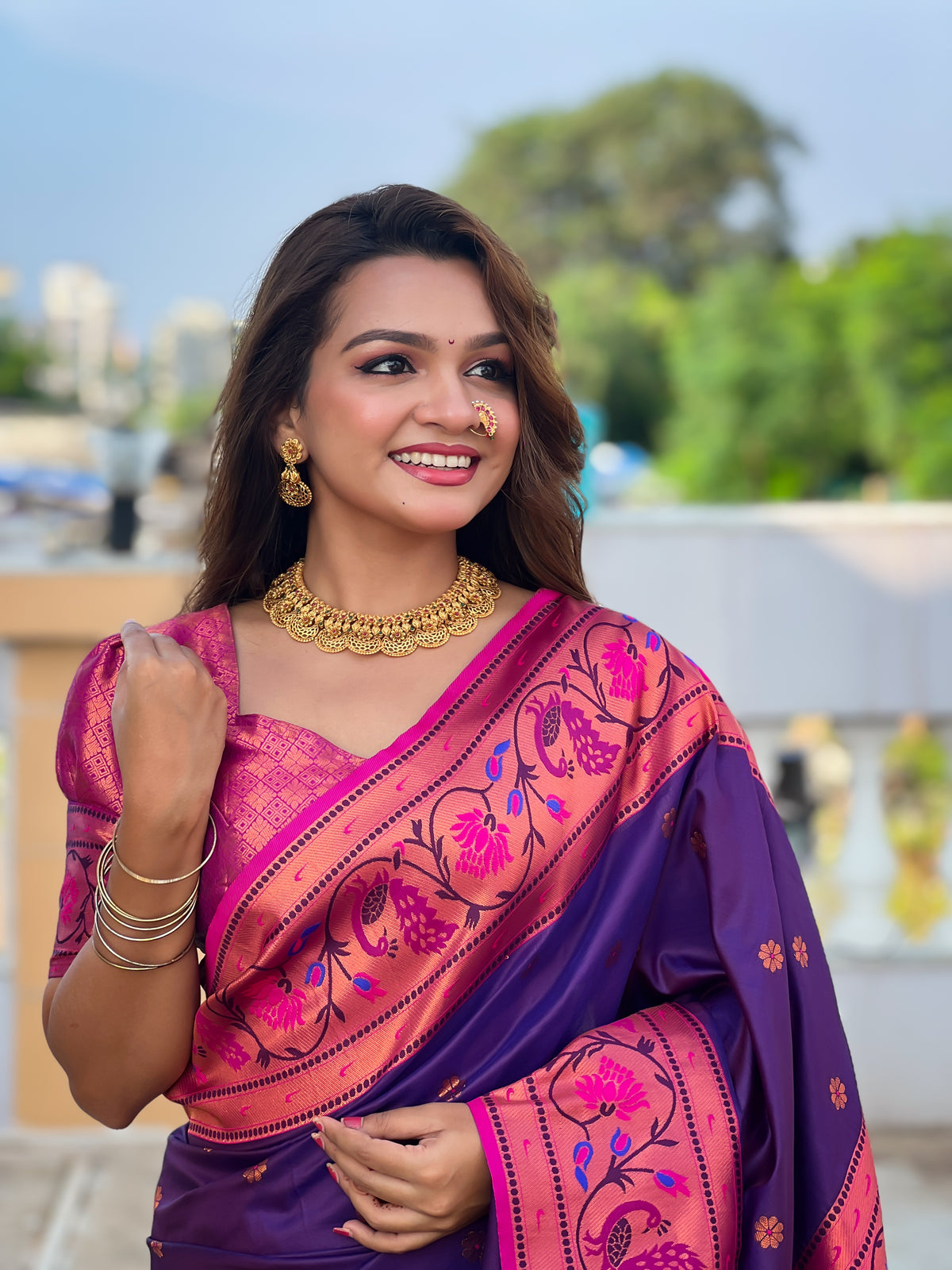 Soft Paithani Silk Saree; Pure Paithani Zari Weaving; Traditional Meenakari Motifs Design Saree; Rich Meenakari Woven Pallu and Border; Tassels on Pallu; Contrast Woven Silk Blouse with Sleeve Border