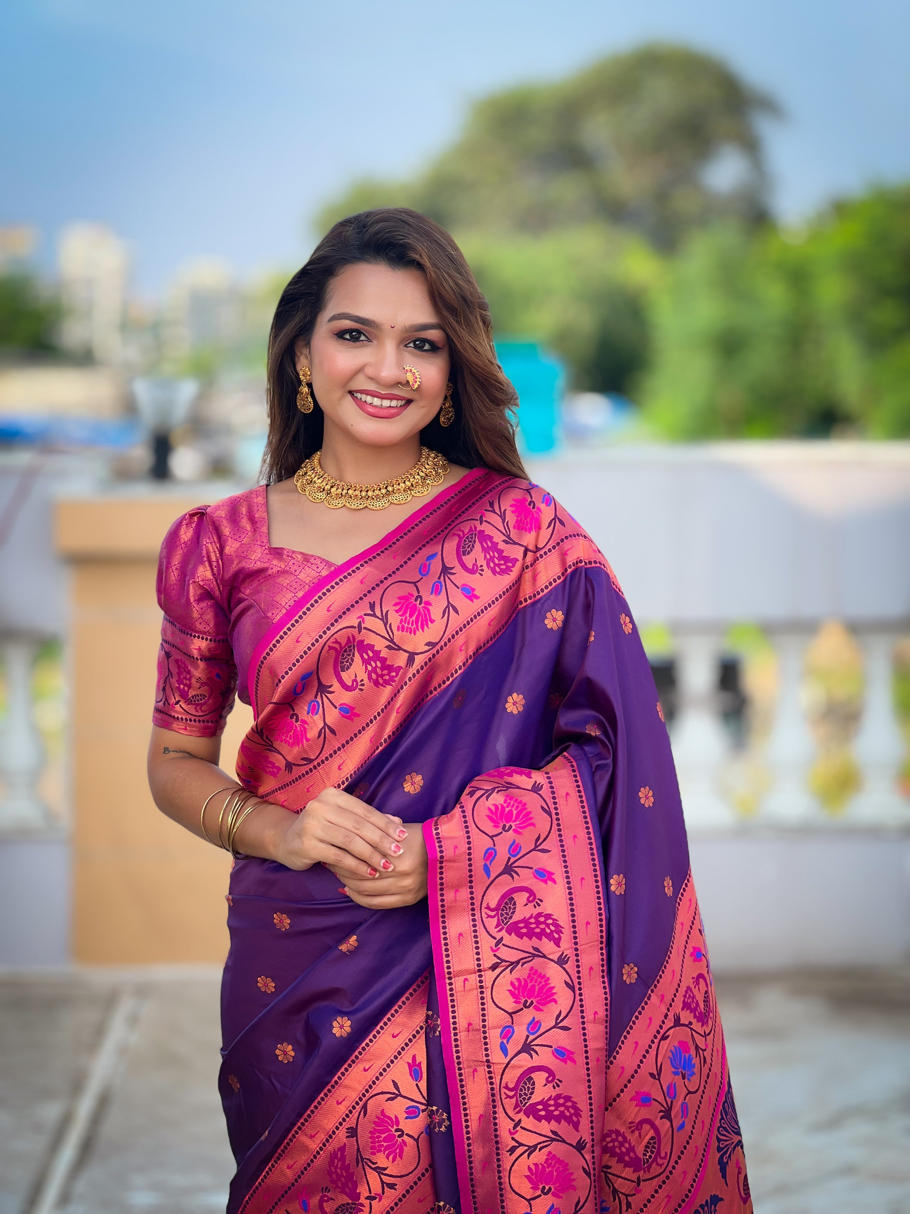 Soft Paithani Silk Saree; Pure Paithani Zari Weaving; Traditional Meenakari Motifs Design Saree; Rich Meenakari Woven Pallu and Border; Tassels on Pallu; Contrast Woven Silk Blouse with Sleeve Border