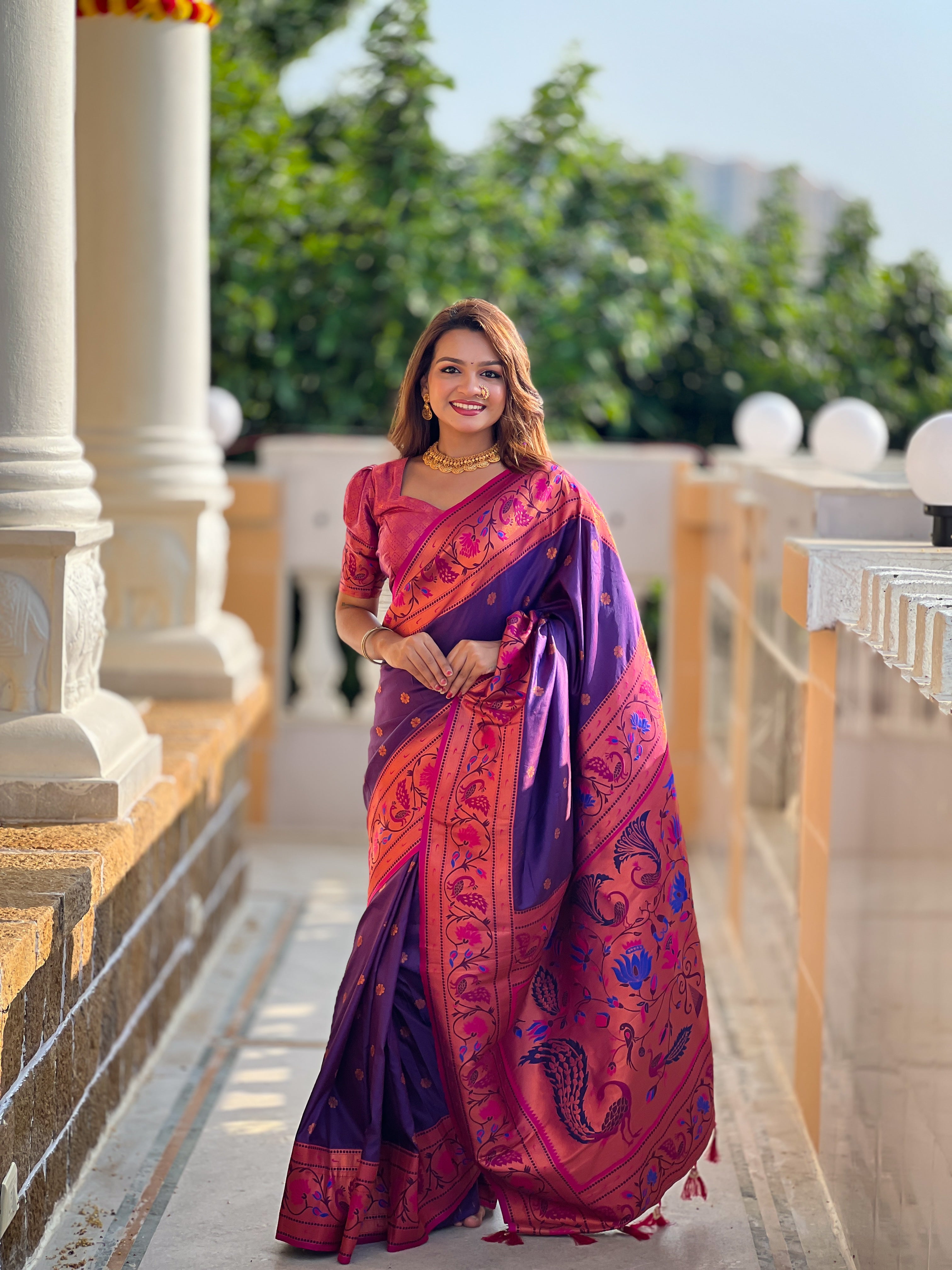 Soft Paithani Silk Saree; Pure Paithani Zari Weaving; Traditional Meenakari Motifs Design Saree; Rich Meenakari Woven Pallu and Border; Tassels on Pallu; Contrast Woven Silk Blouse with Sleeve Border