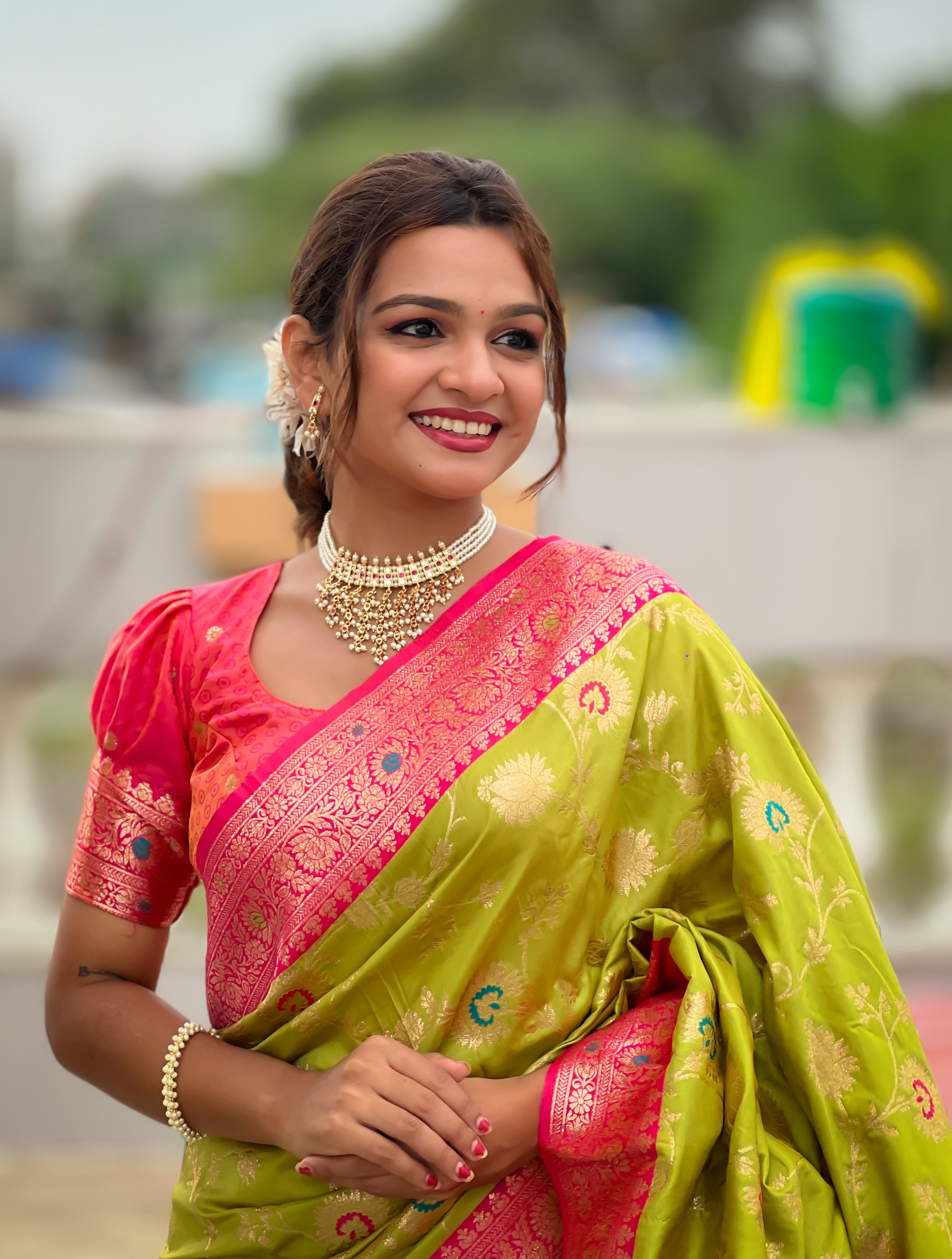 soft banarasi silk saree with zari weaving and meenakari touch up design