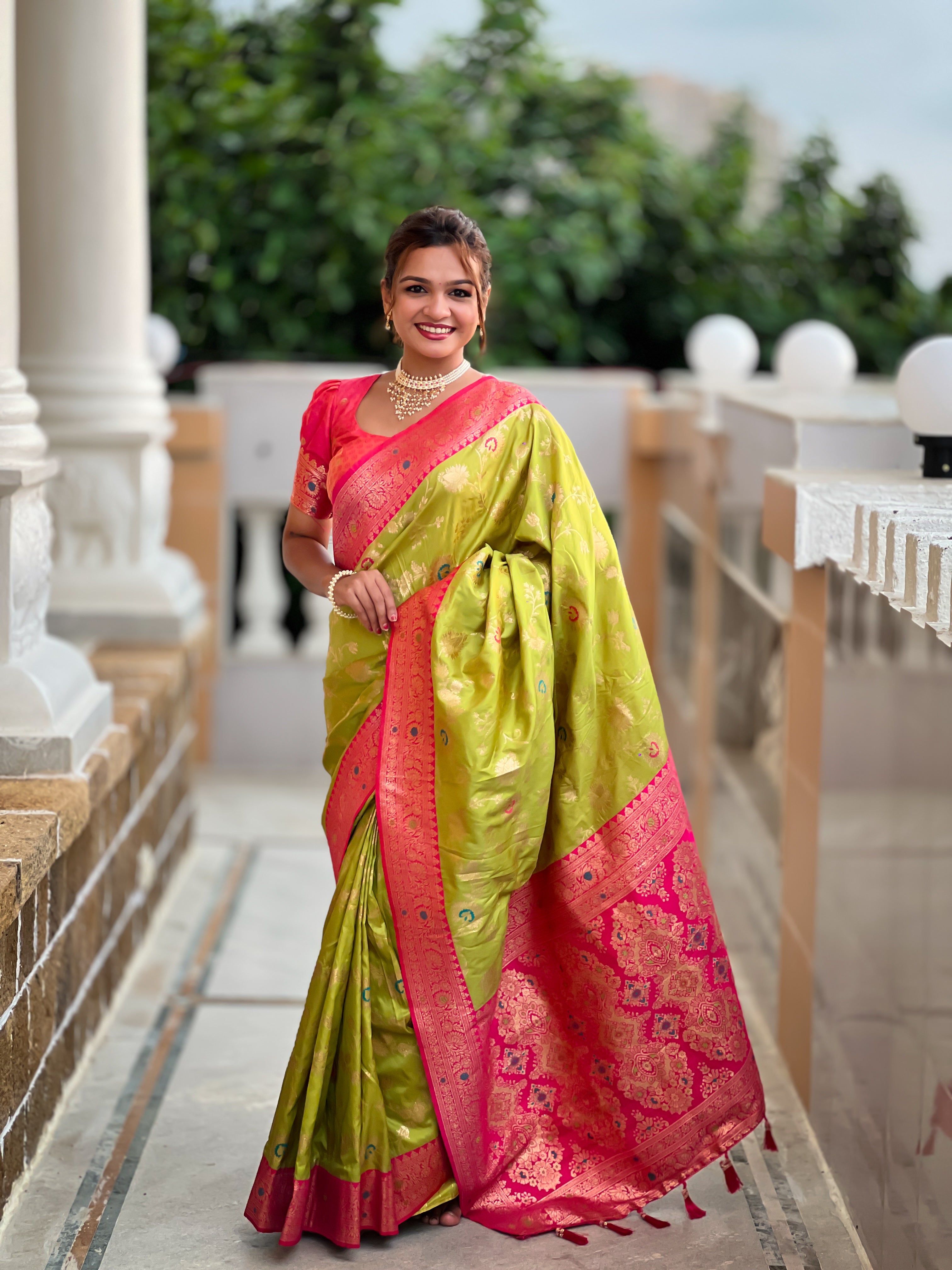 soft banarasi silk saree with zari weaving and meenakari touch up design