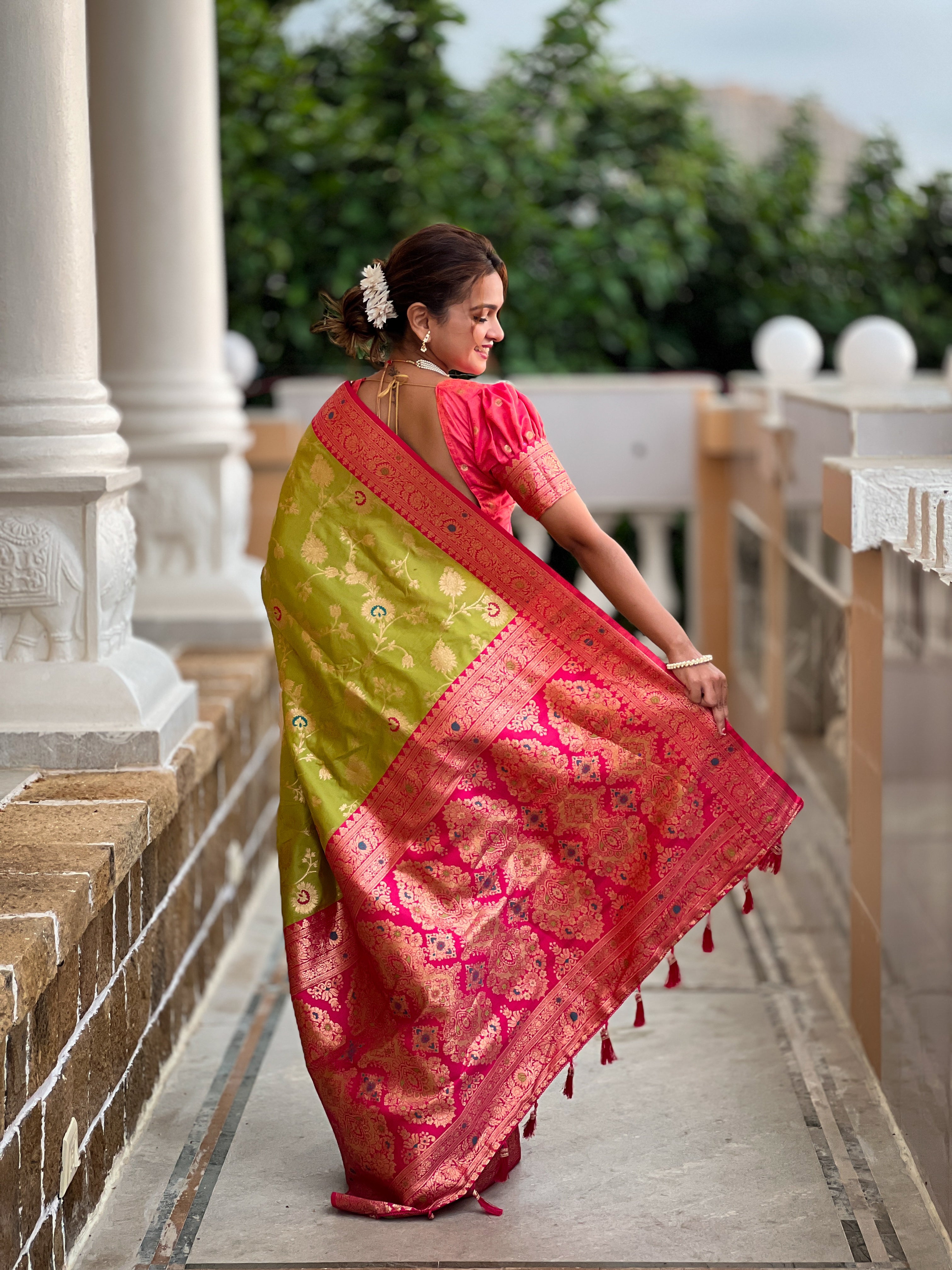 soft banarasi silk saree with zari weaving and meenakari touch up design