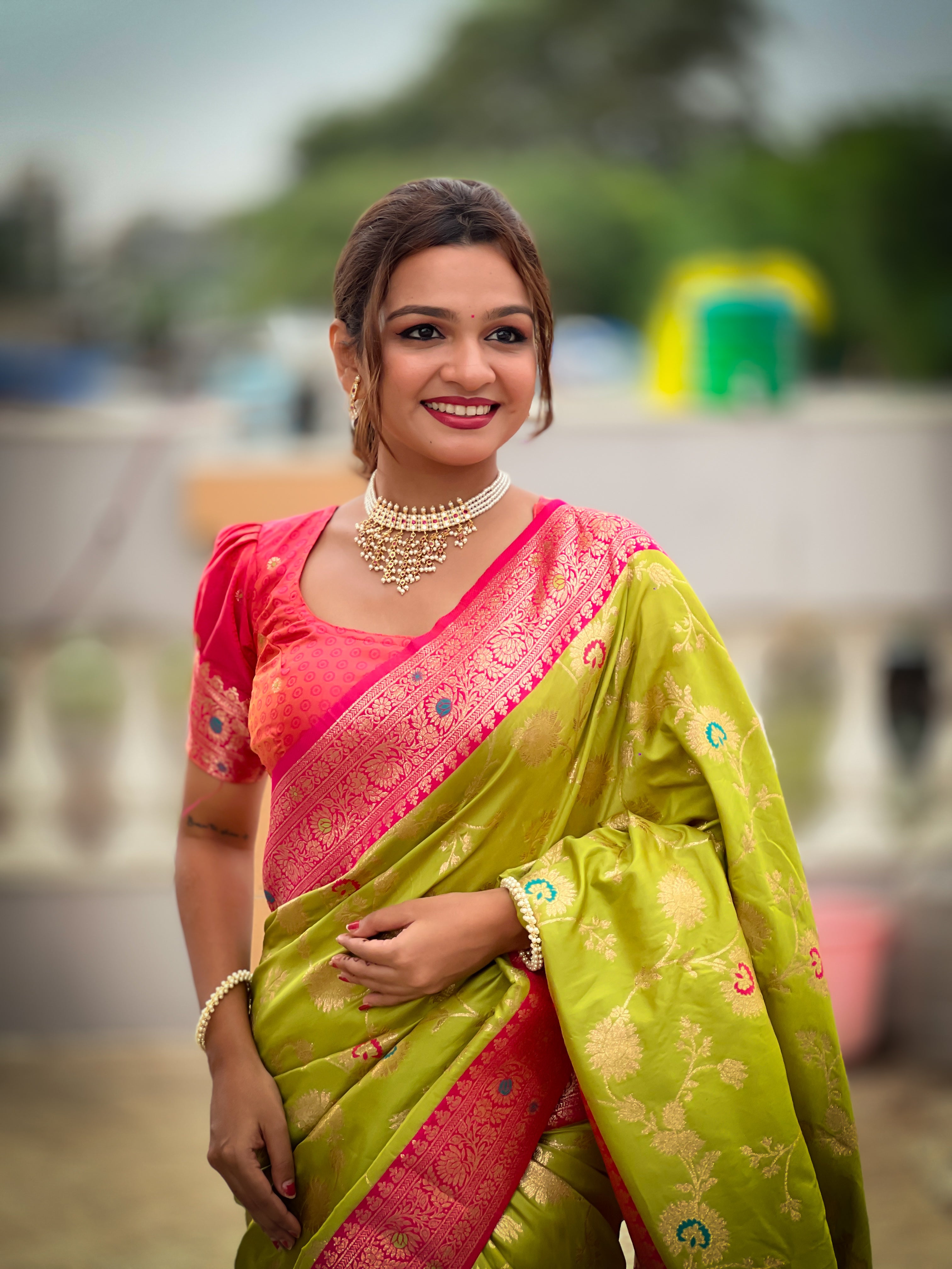 soft banarasi silk saree with zari weaving and meenakari touch up design