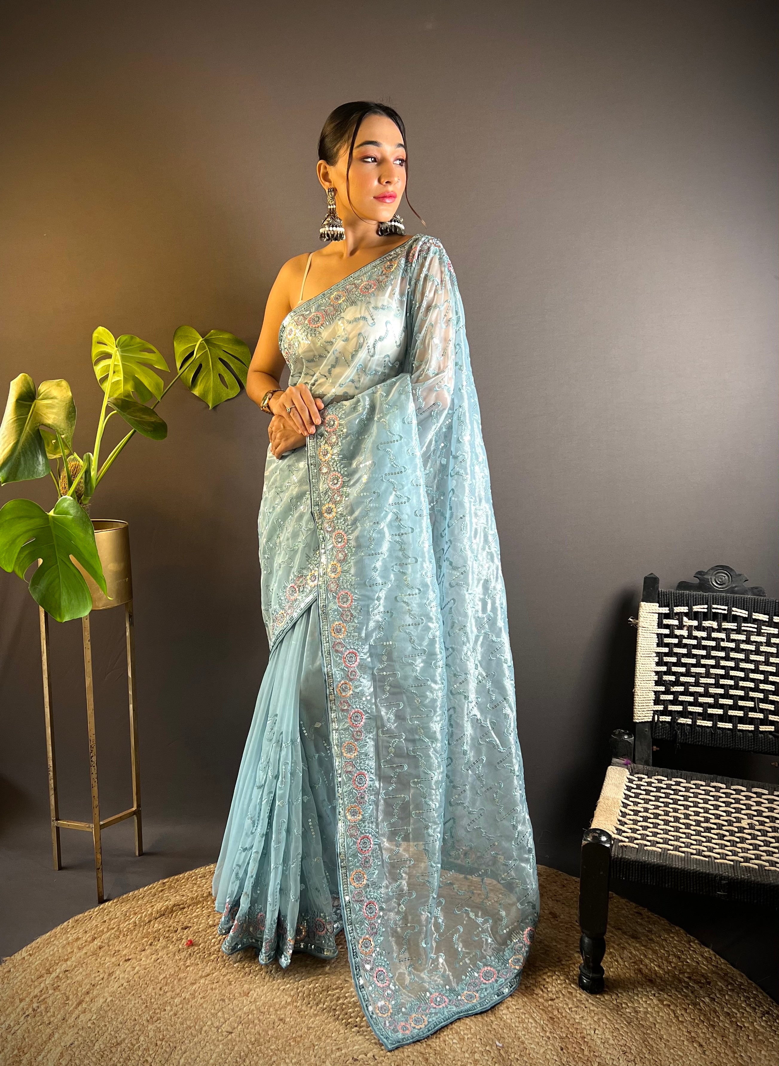 Heavy Twill Net Saree With Floral Sequence And Thread Embroidery Design