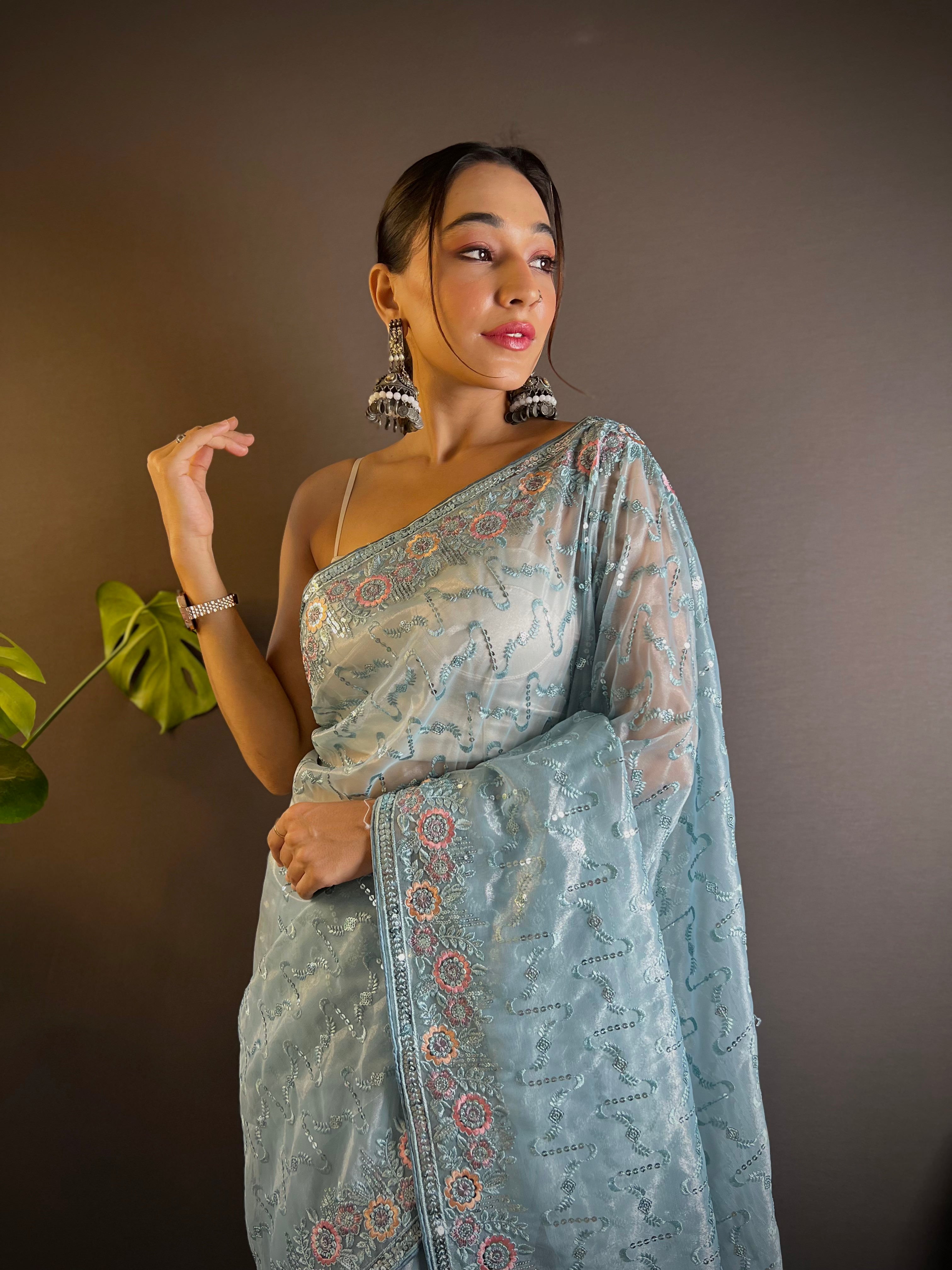 Heavy Twill Net Saree With Floral Sequence And Thread Embroidery Design