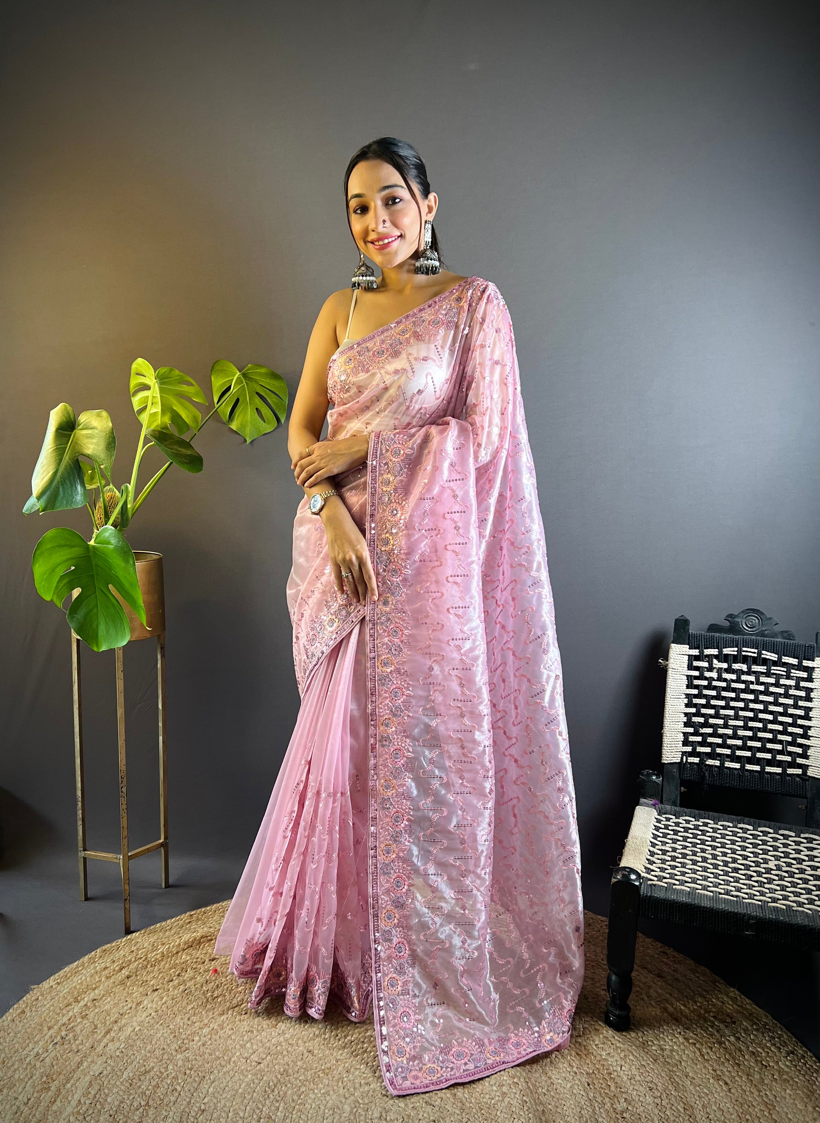 Heavy Twill Net Saree With Floral Sequence And Thread Embroidery Design