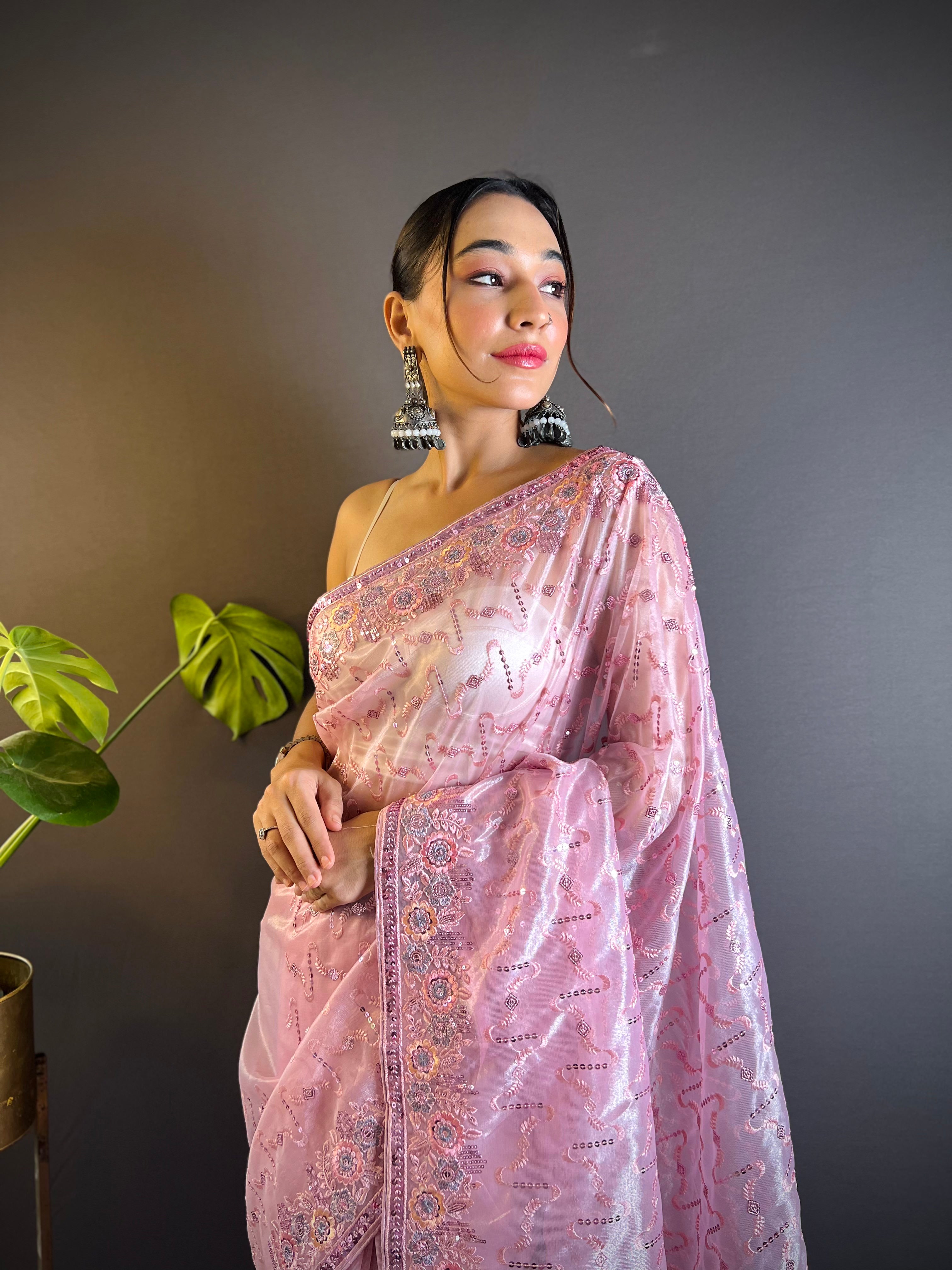 Heavy Twill Net Saree With Floral Sequence And Thread Embroidery Design