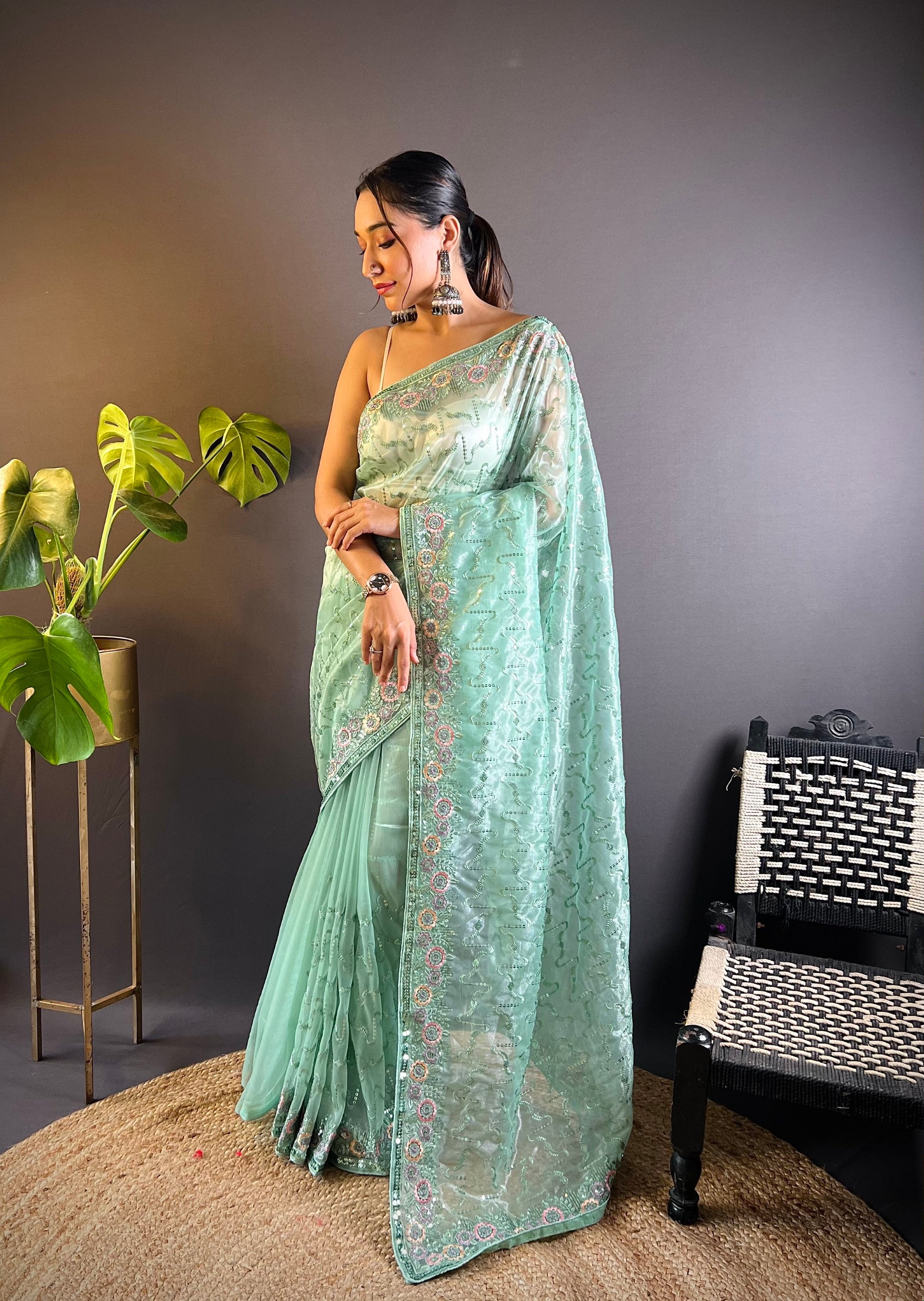 Heavy Twill Net Saree With Floral Sequence And Thread Embroidery Design