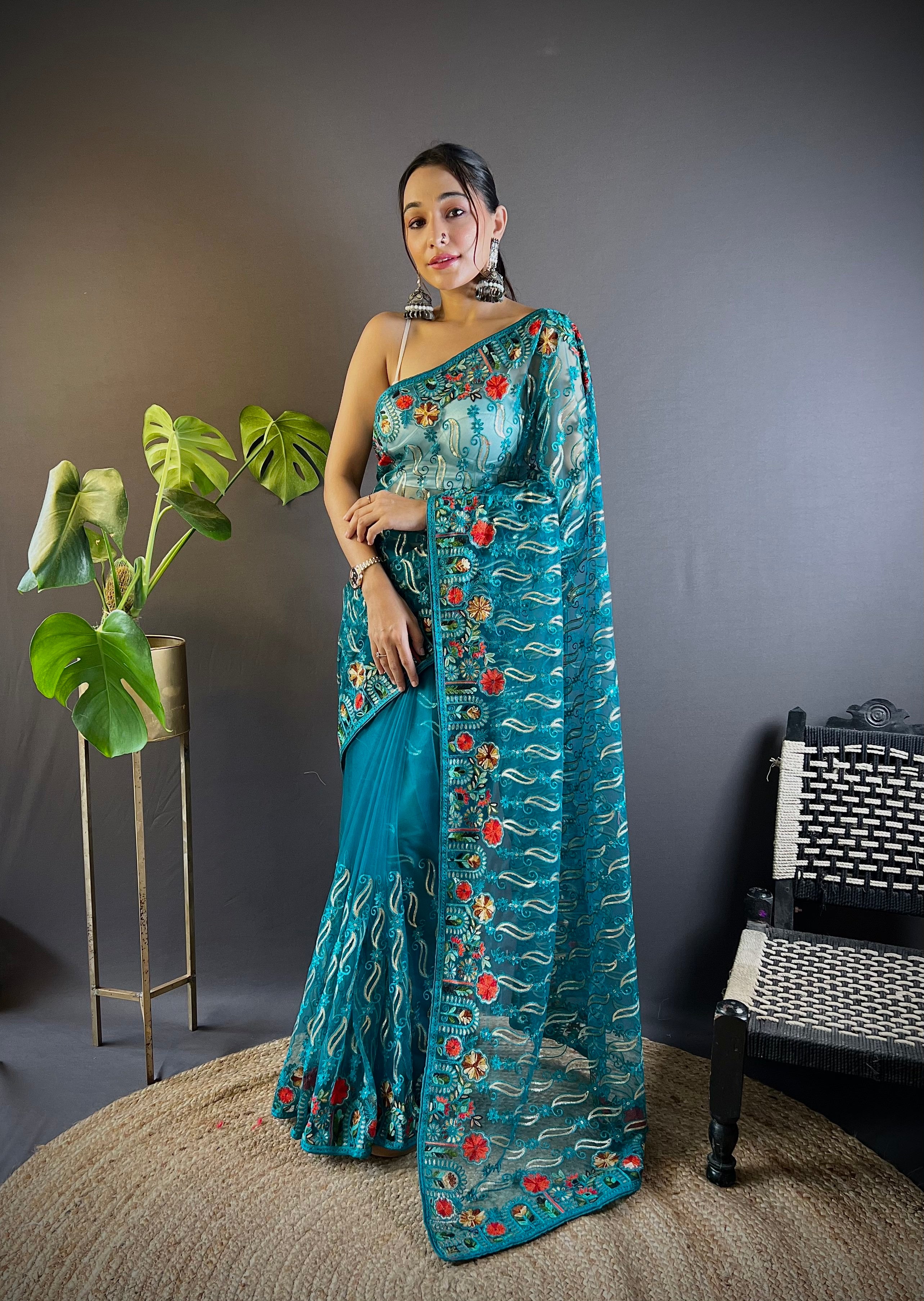 heavy butterfly net saree with multicolor chain stitch embroidery