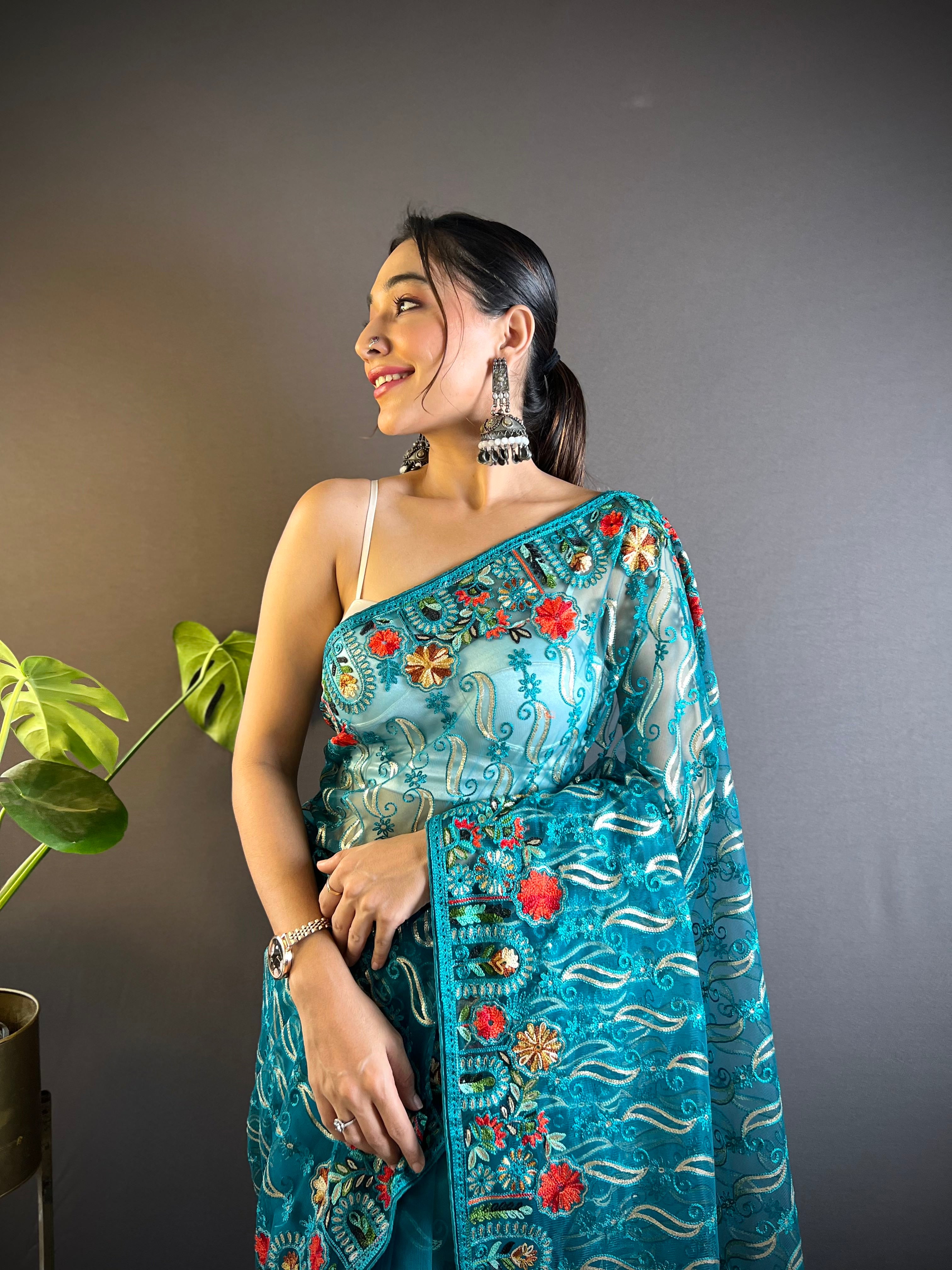 heavy butterfly net saree with multicolor chain stitch embroidery