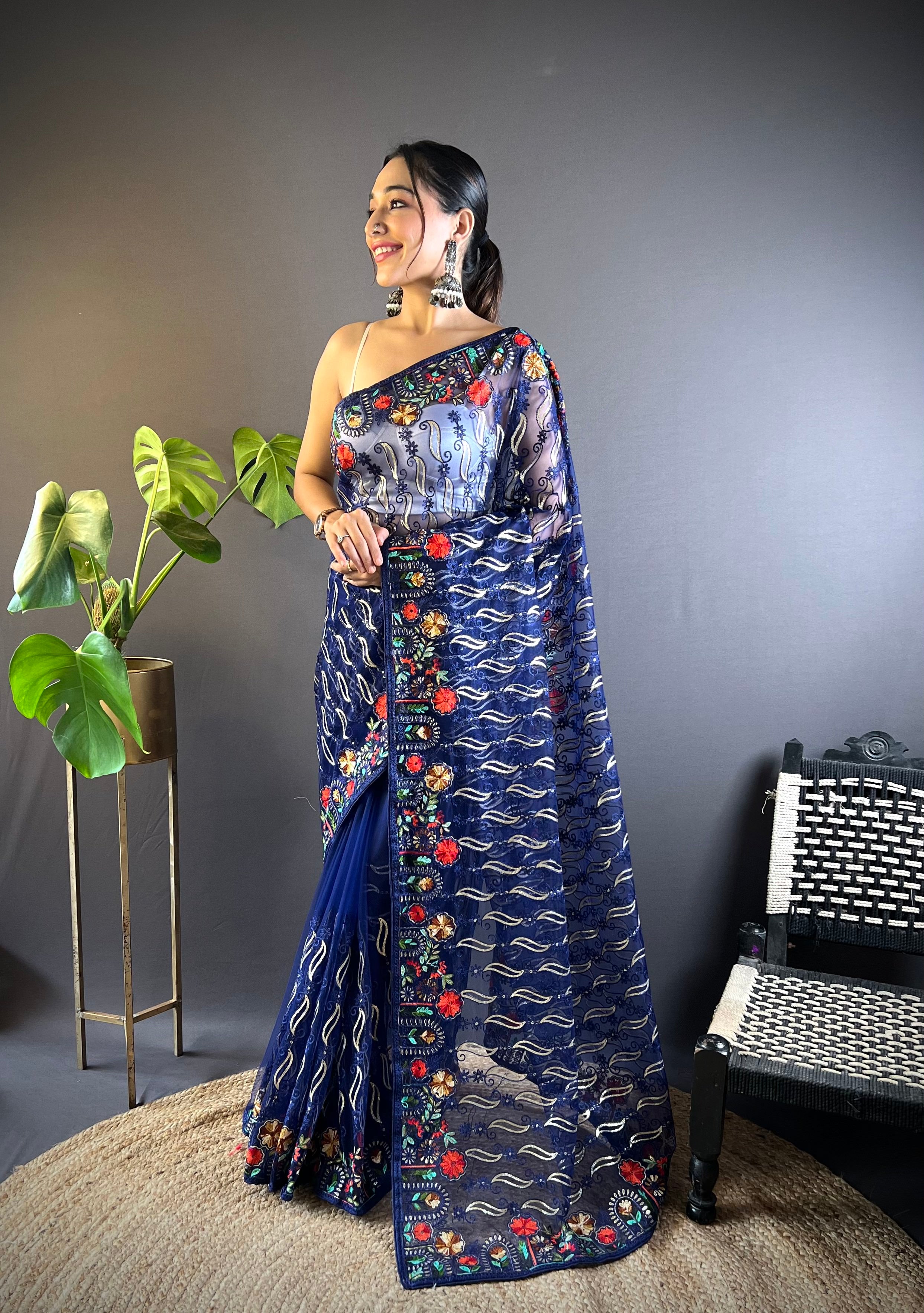 heavy butterfly net saree with multicolor chain stitch embroidery