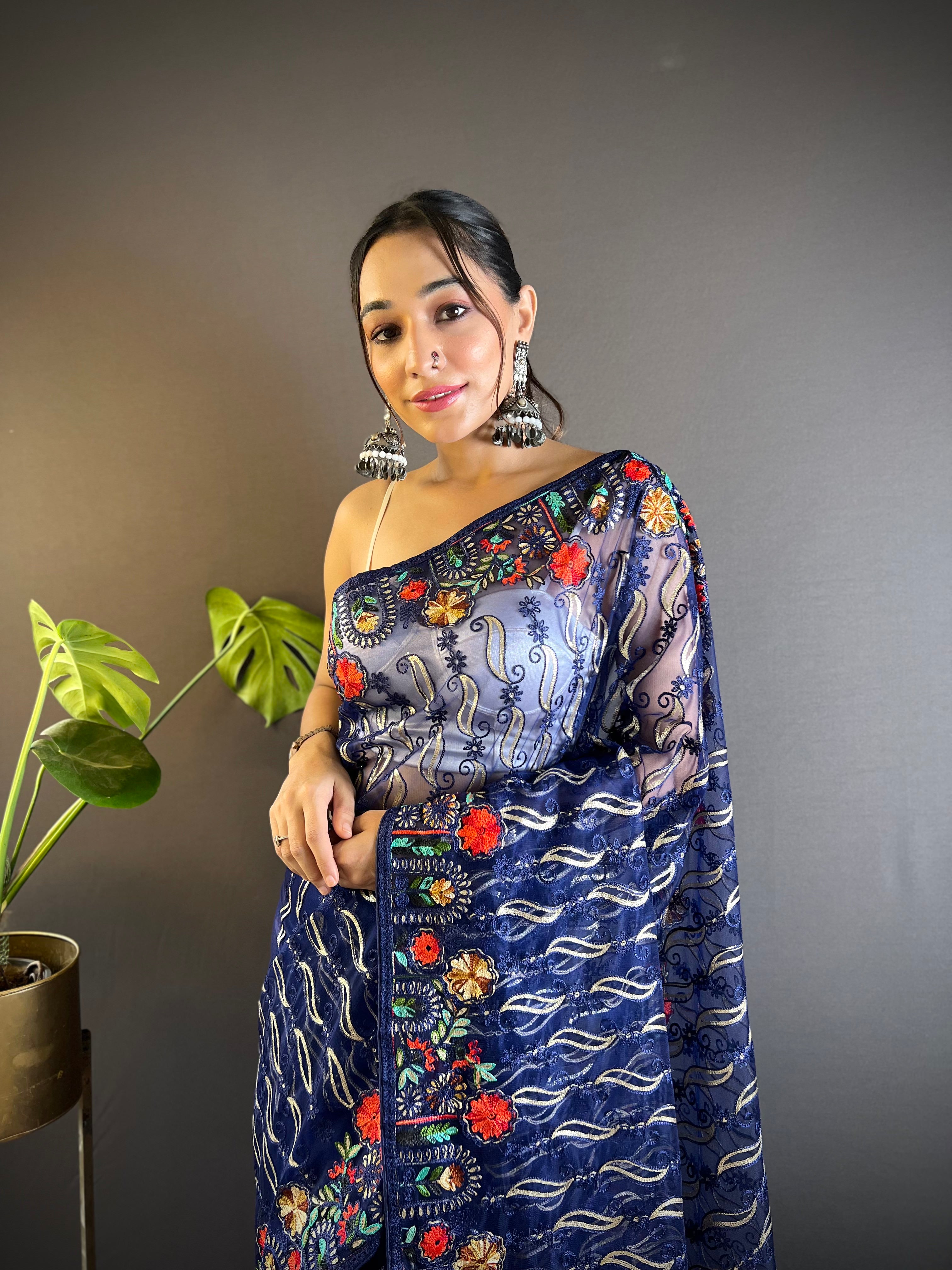 heavy butterfly net saree with multicolor chain stitch embroidery