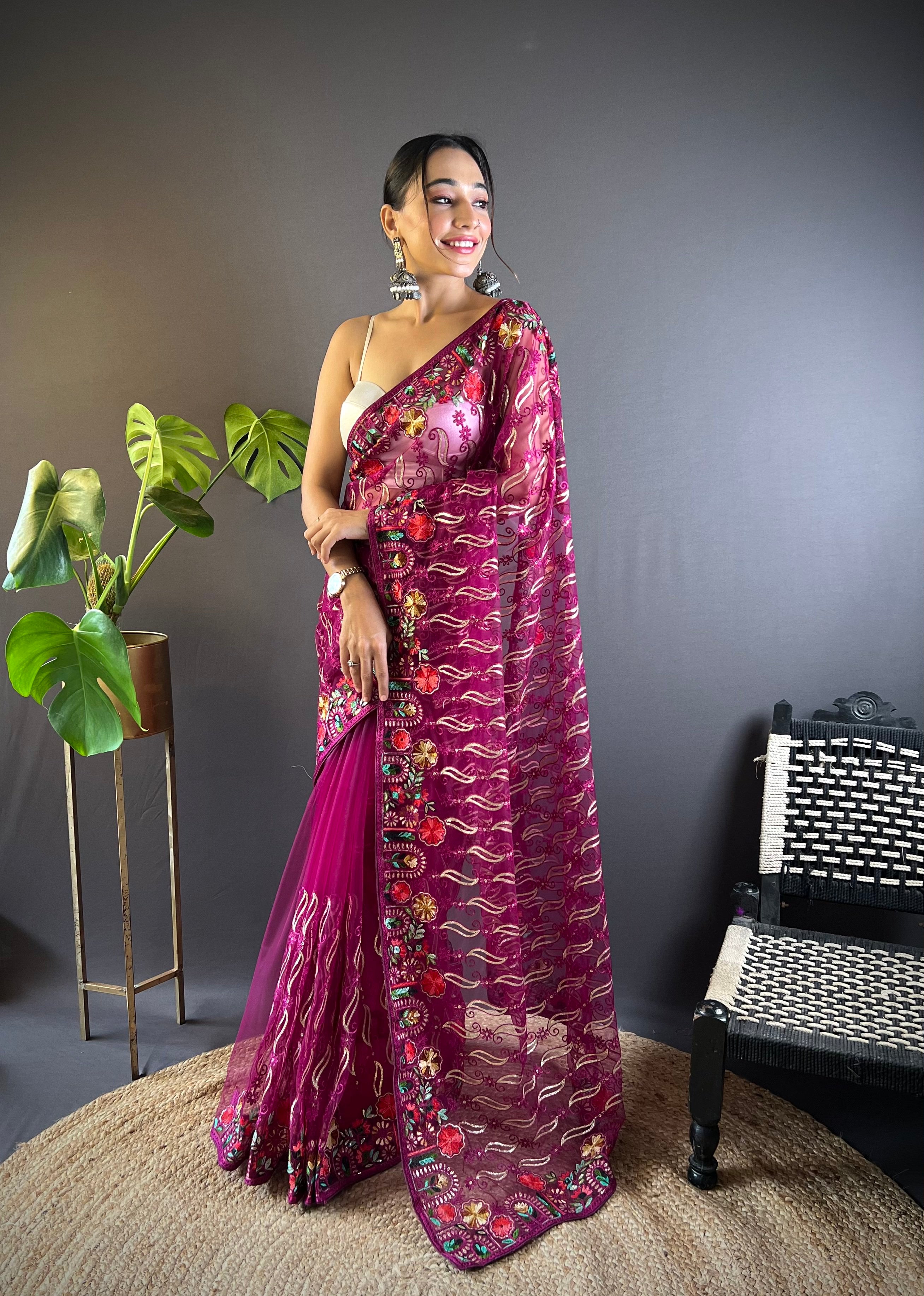 heavy butterfly net saree with multicolor chain stitch embroidery