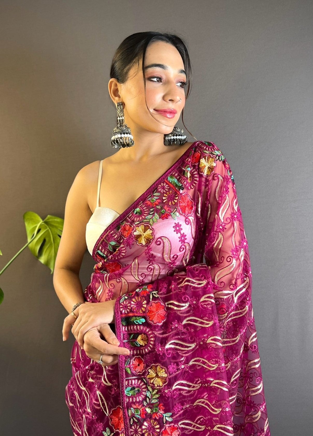 heavy butterfly net saree with multicolor chain stitch embroidery