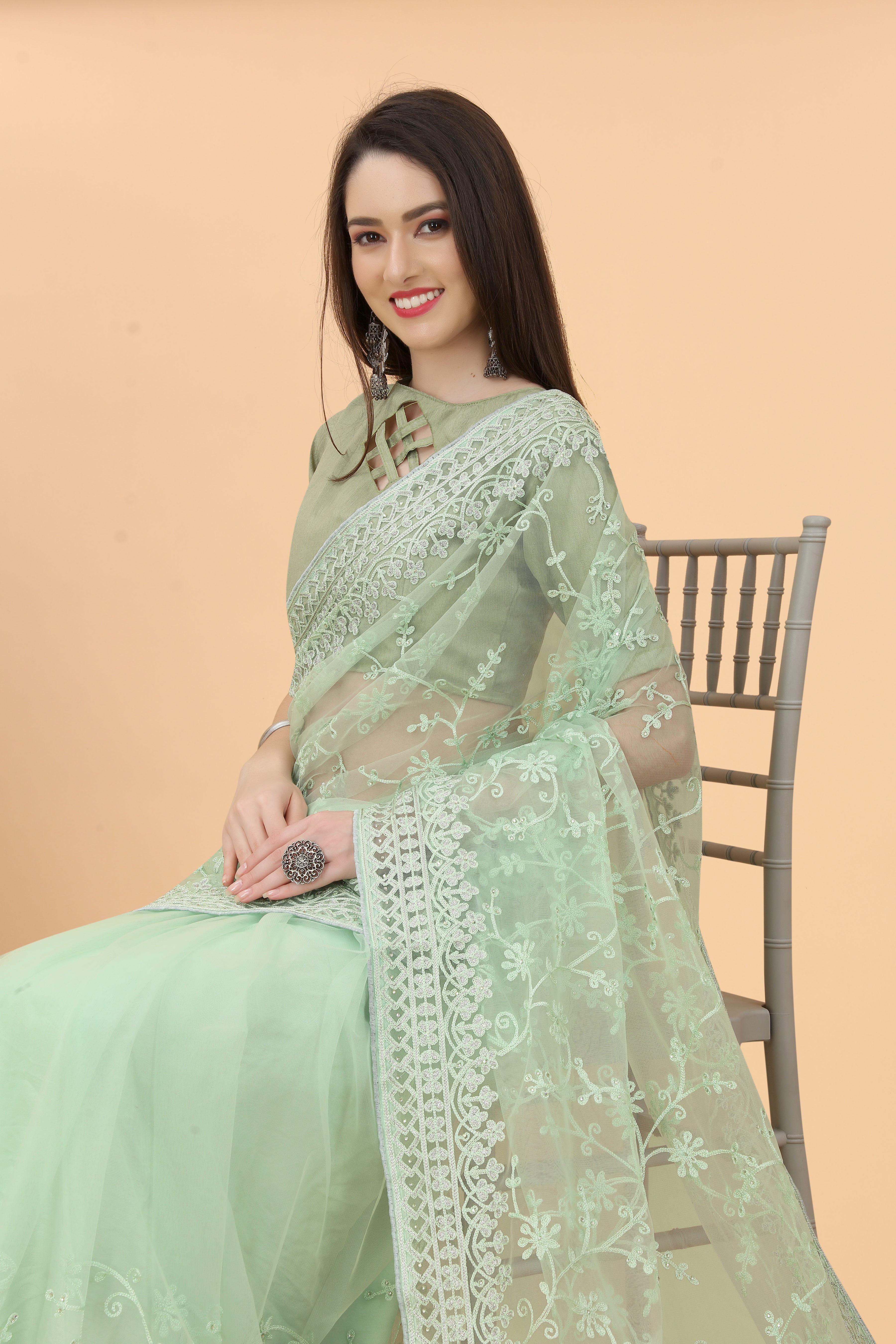 heavy butterfly net saree with aari embroidery and diamond work