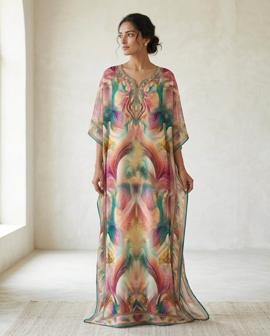 Premium Digital Print Georgette Kaftan – Designer Printed Flowing Kaftan for Women