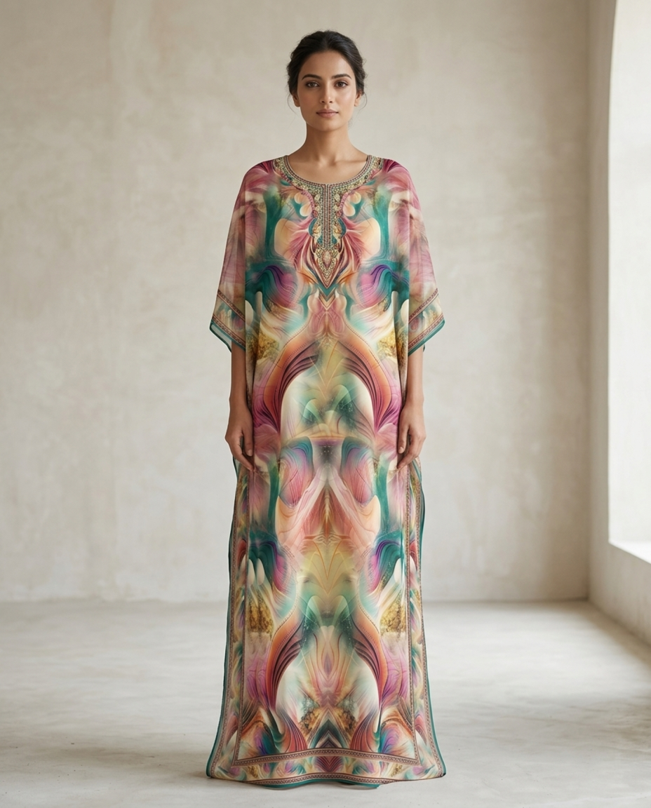 Premium Digital Print Georgette Kaftan – Designer Printed Flowing Kaftan for Women