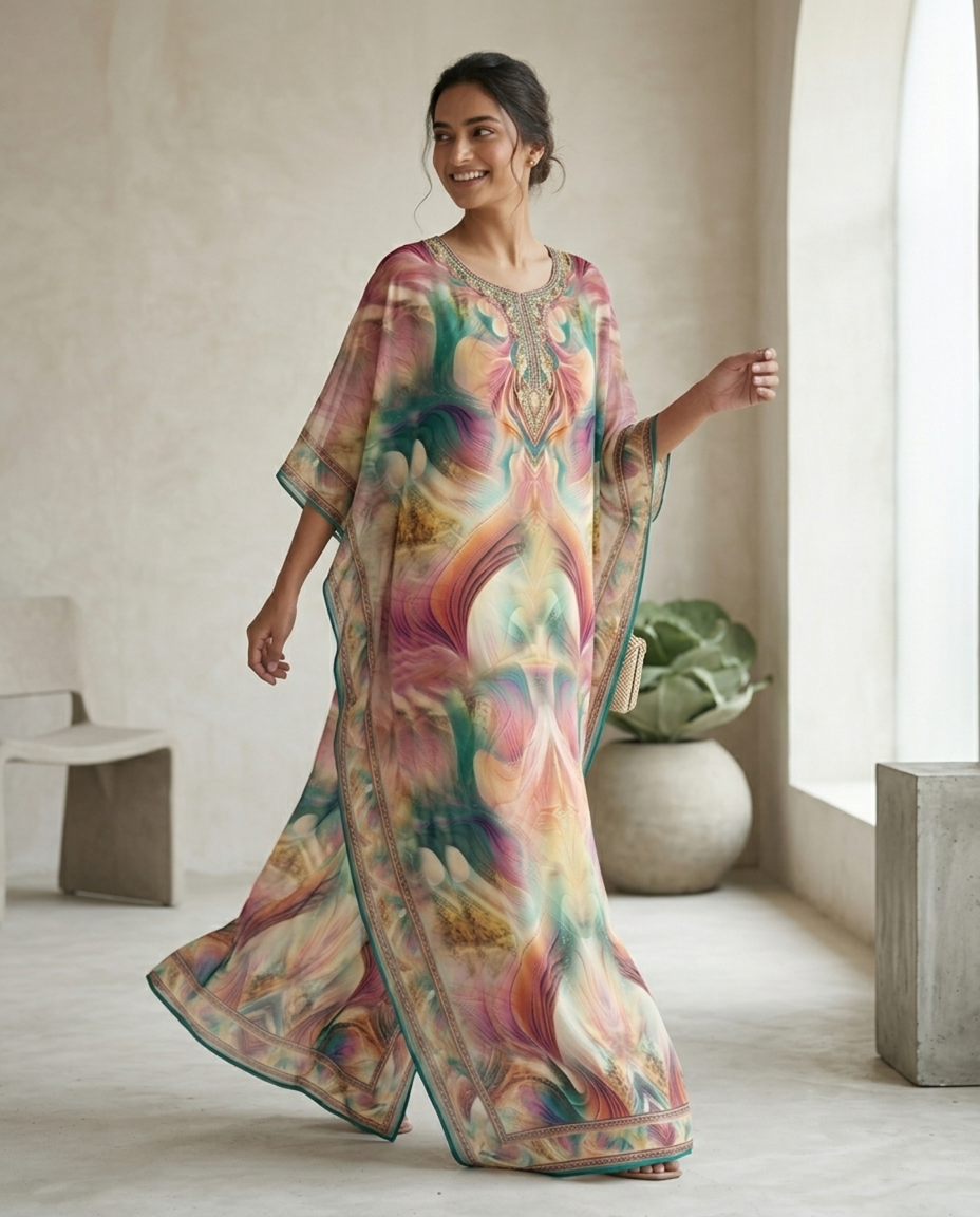 Premium Digital Print Georgette Kaftan – Designer Printed Flowing Kaftan for Women