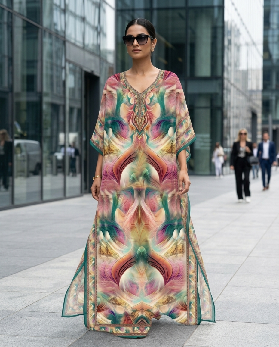 Premium Digital Print Georgette Kaftan – Designer Printed Flowing Kaftan for Women
