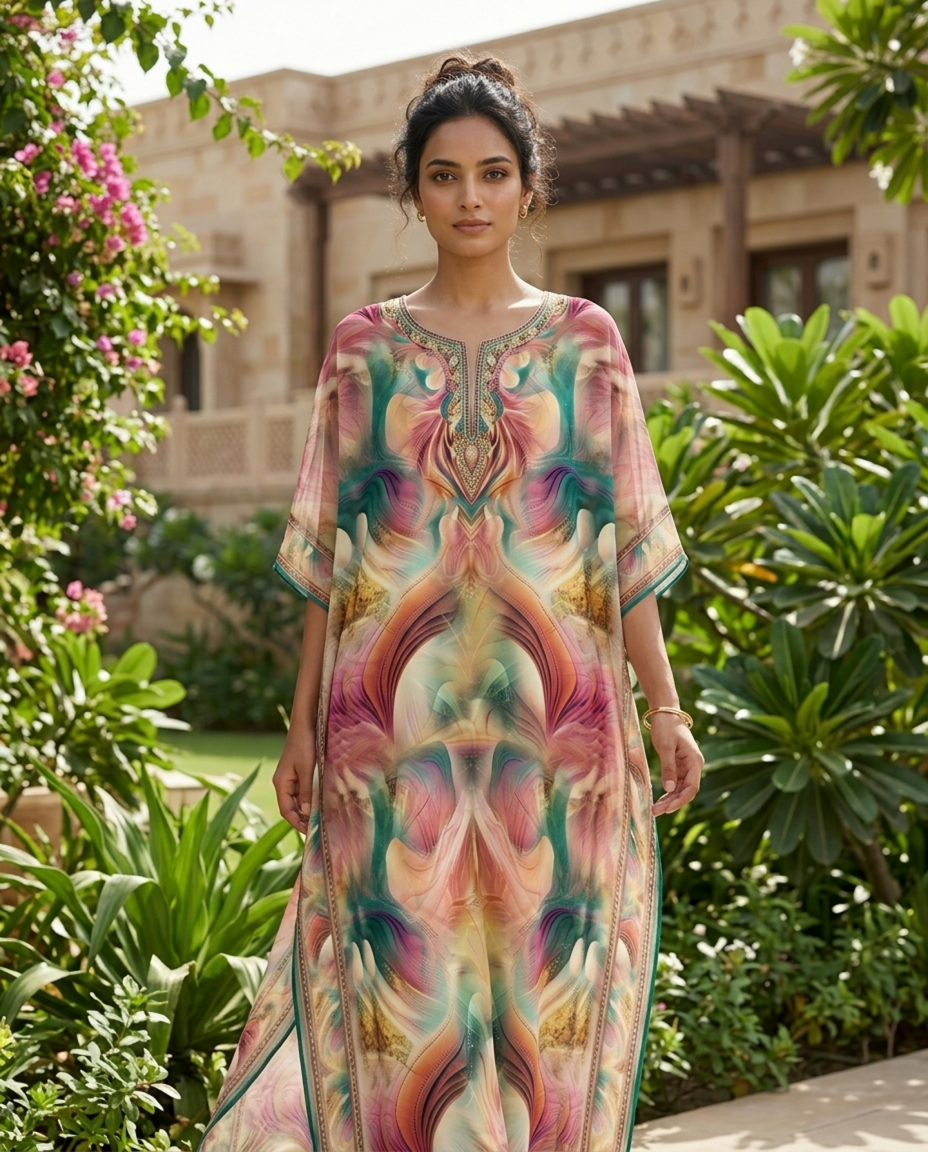 Premium Digital Print Georgette Kaftan – Designer Printed Flowing Kaftan for Women