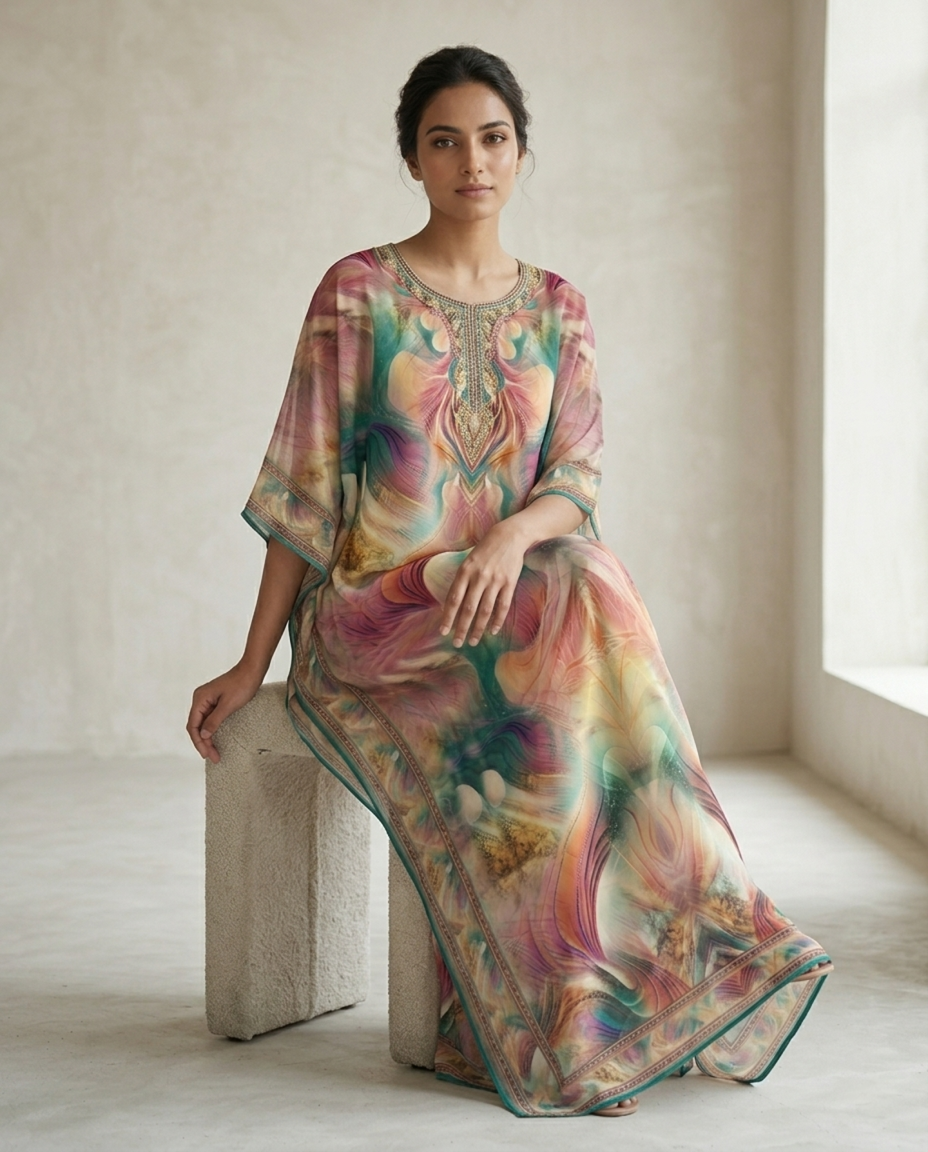 Premium Digital Print Georgette Kaftan – Designer Printed Flowing Kaftan for Women