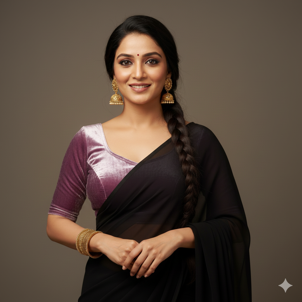 Black georgette saree styled with lavender velvet blouse for soft contrast look