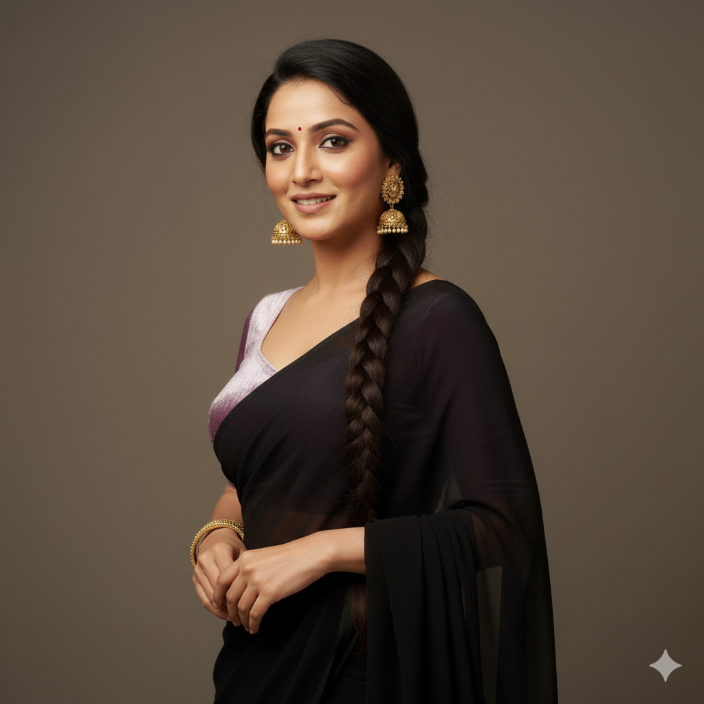 Black georgette saree styled with lavender velvet blouse for soft contrast look