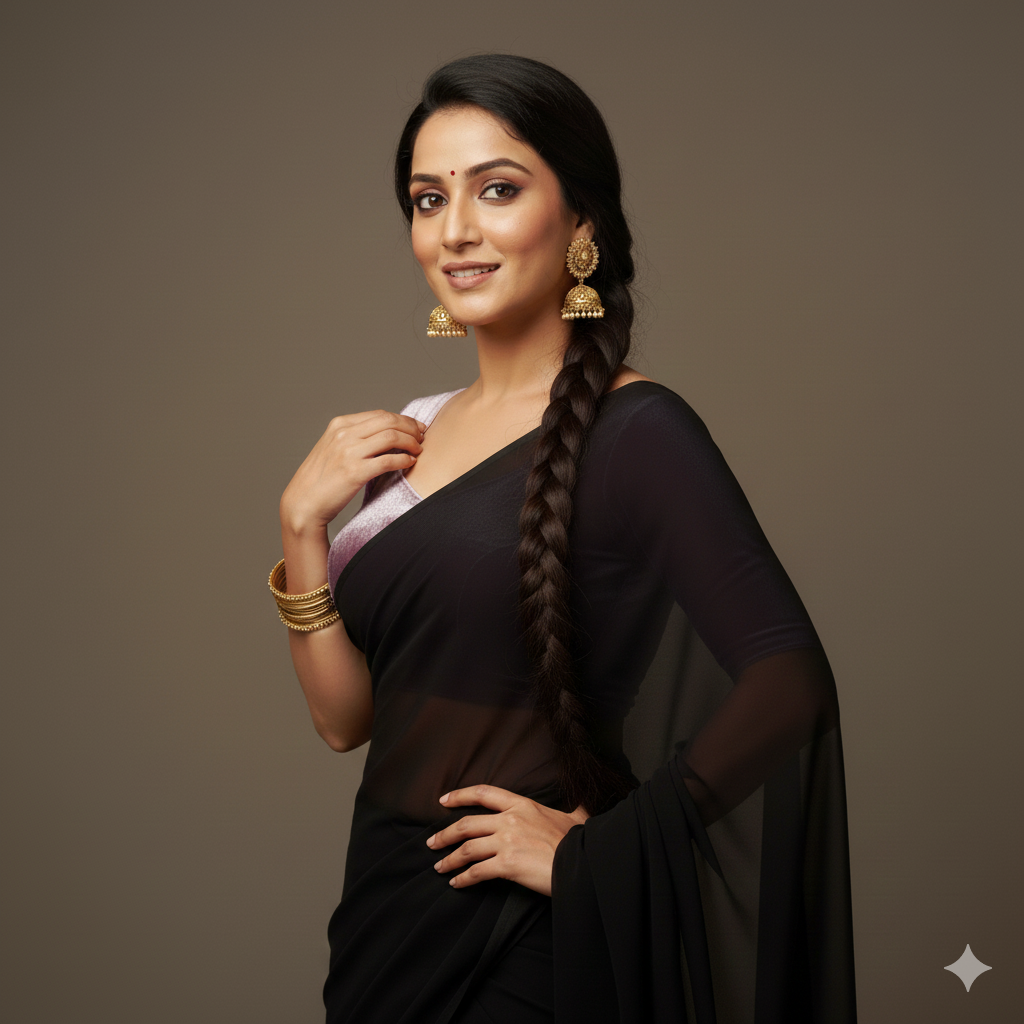 Black georgette saree styled with lavender velvet blouse for soft contrast look