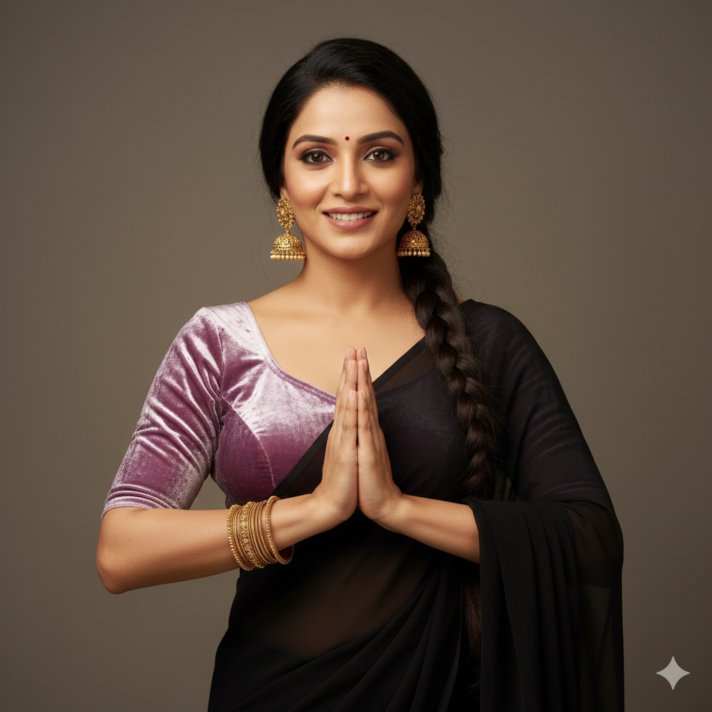Black georgette saree styled with lavender velvet blouse for soft contrast look