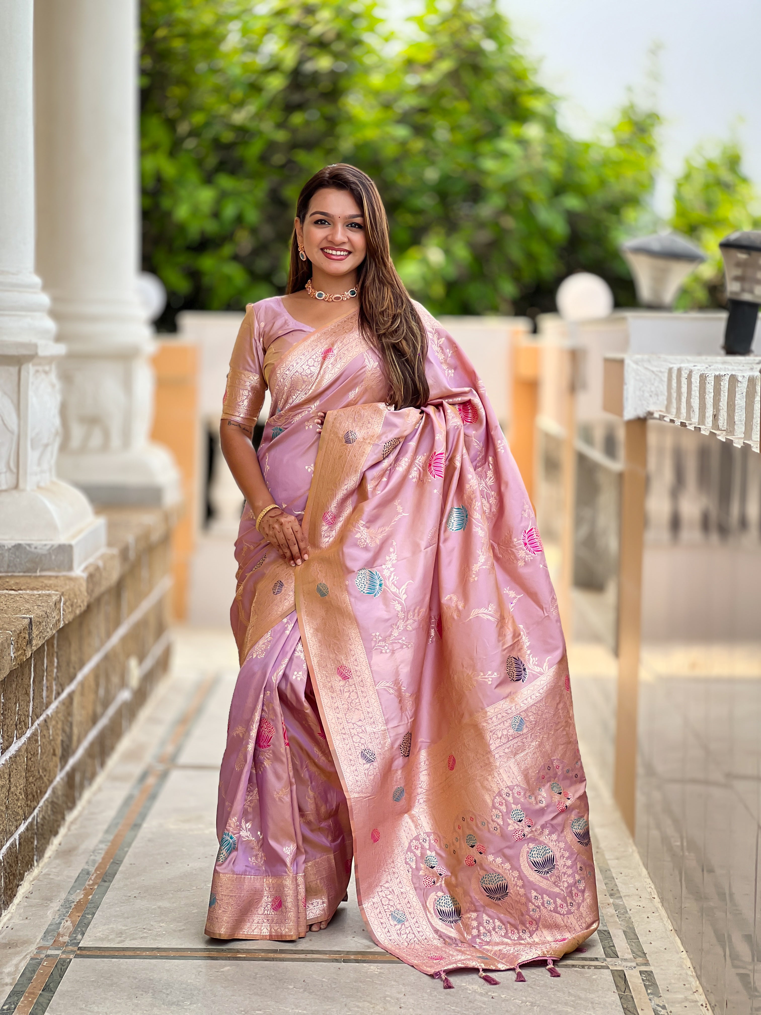 soft banarasi silk saree with meenakari touch-up weaving and zari work