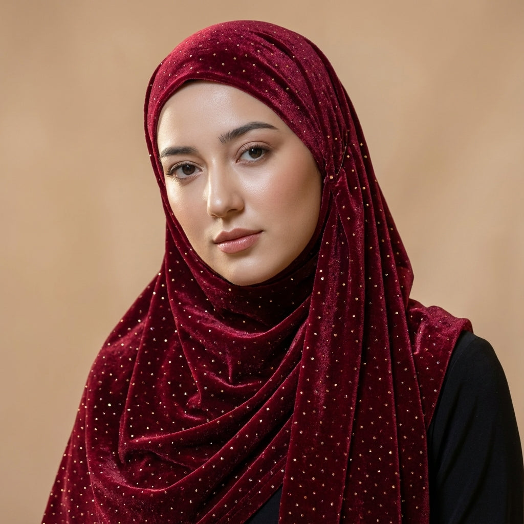 Sparkle Velvet Maroon Hijab – 1.50 Meter Elegant Shimmer Modest Scarf