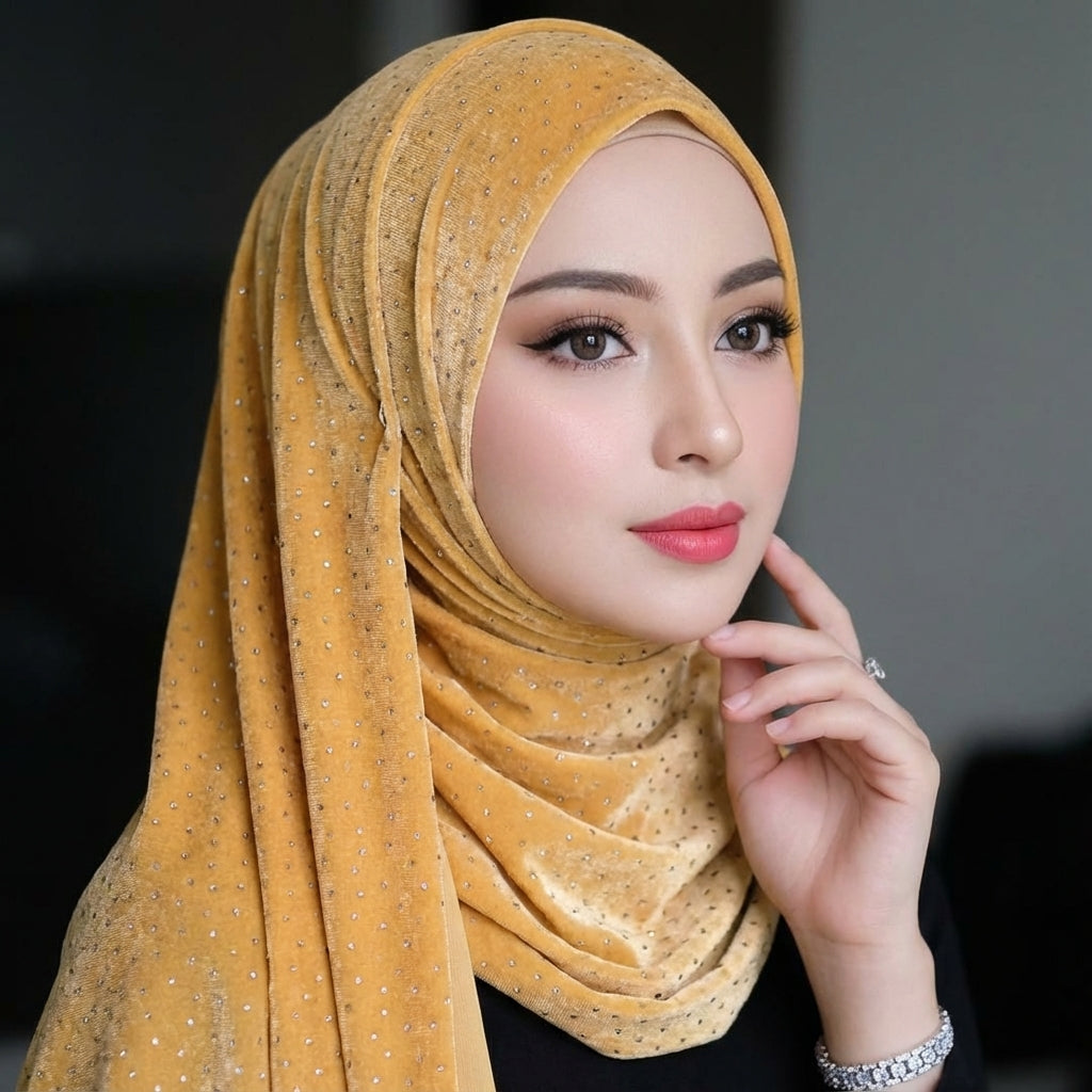 Sparkle Velvet Gold Hijab – 1.50 Meter Elegant Shimmer Modest Scarf