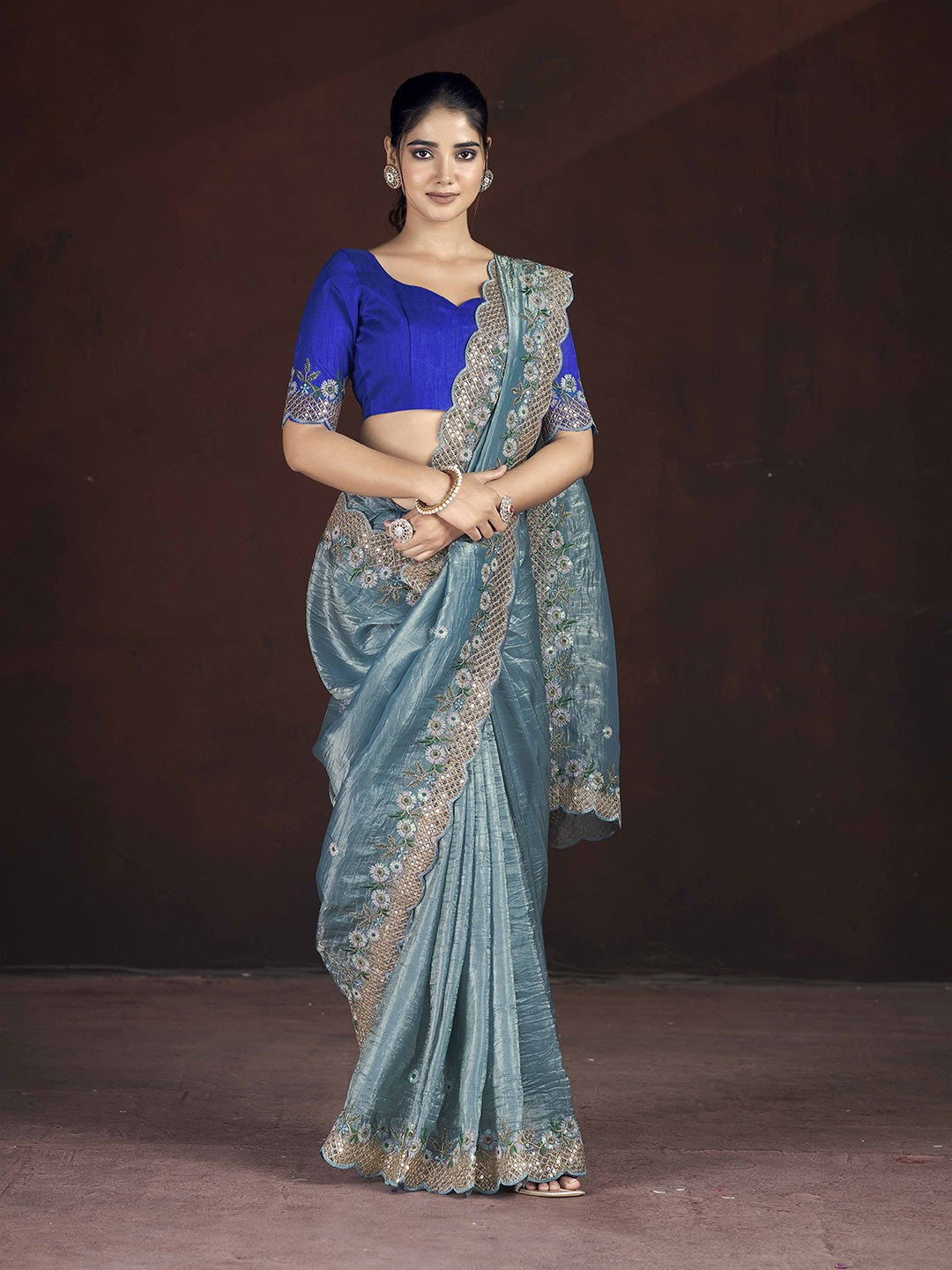 WEAVE Gold Crunchy Silk Floral Embroidered Saree with Cutwork Border and Mono Diamond Silk Blouse