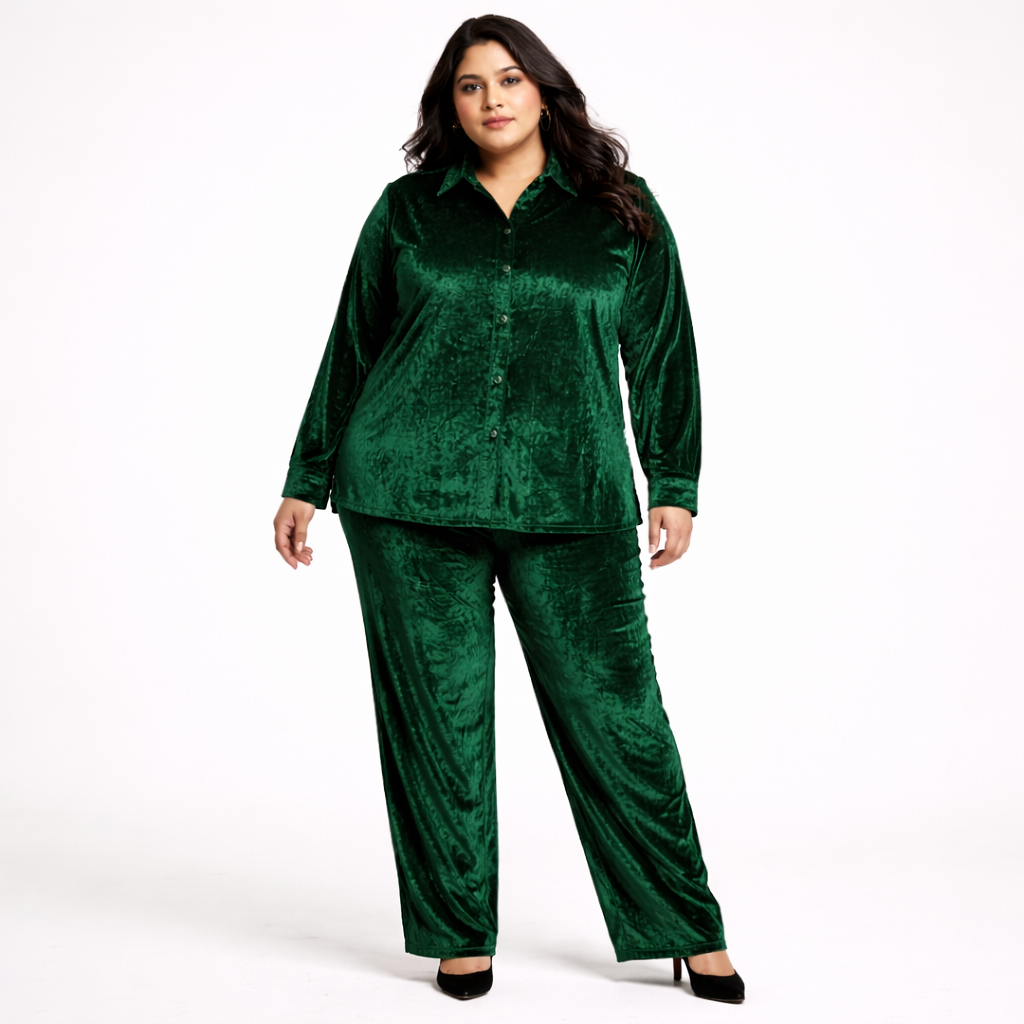 Green Solid Velvet Plus Size Pant Shirt Co-Ord Set for Women – 6XL