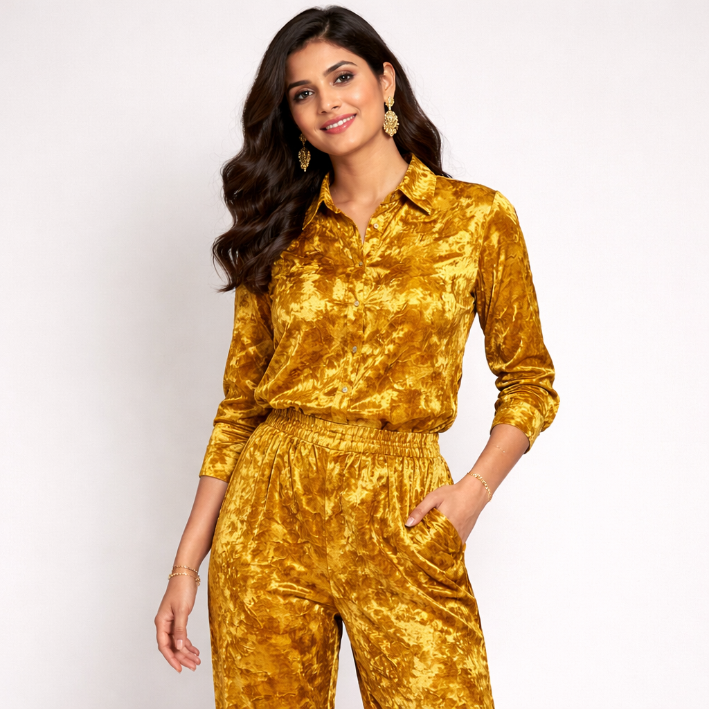 Mustard Crush Velvet Fabric – Premium Soft Texture | By Meter