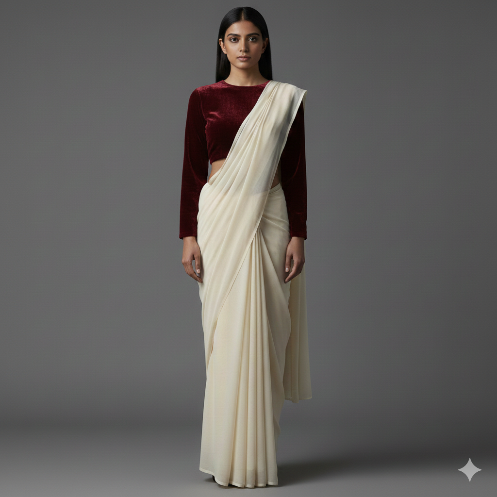 Cream georgette saree styled with maroon velvet blouse for rich traditional contrast