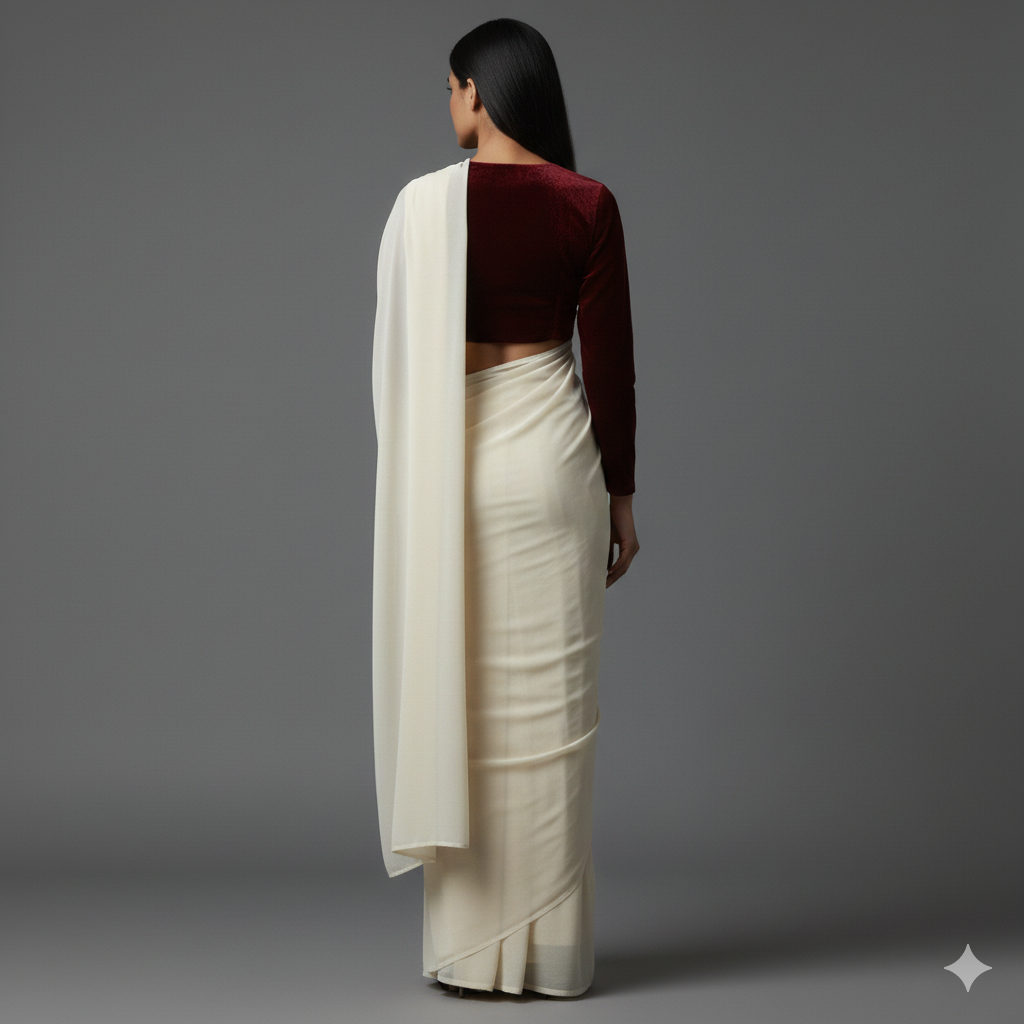 Cream georgette saree styled with maroon velvet blouse for rich traditional contrast
