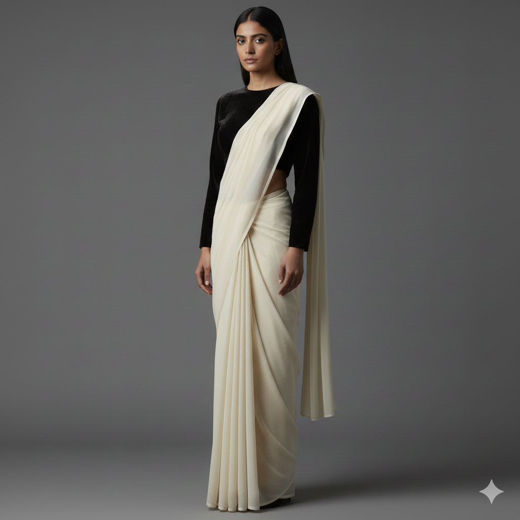 Cream georgette saree styled with maroon velvet blouse for rich traditional contrast