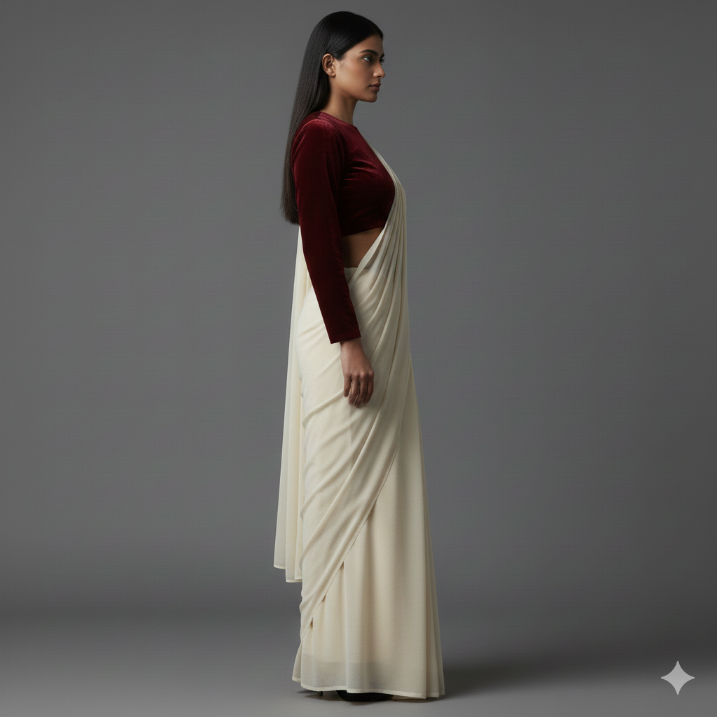 Cream georgette saree styled with maroon velvet blouse for rich traditional contrast