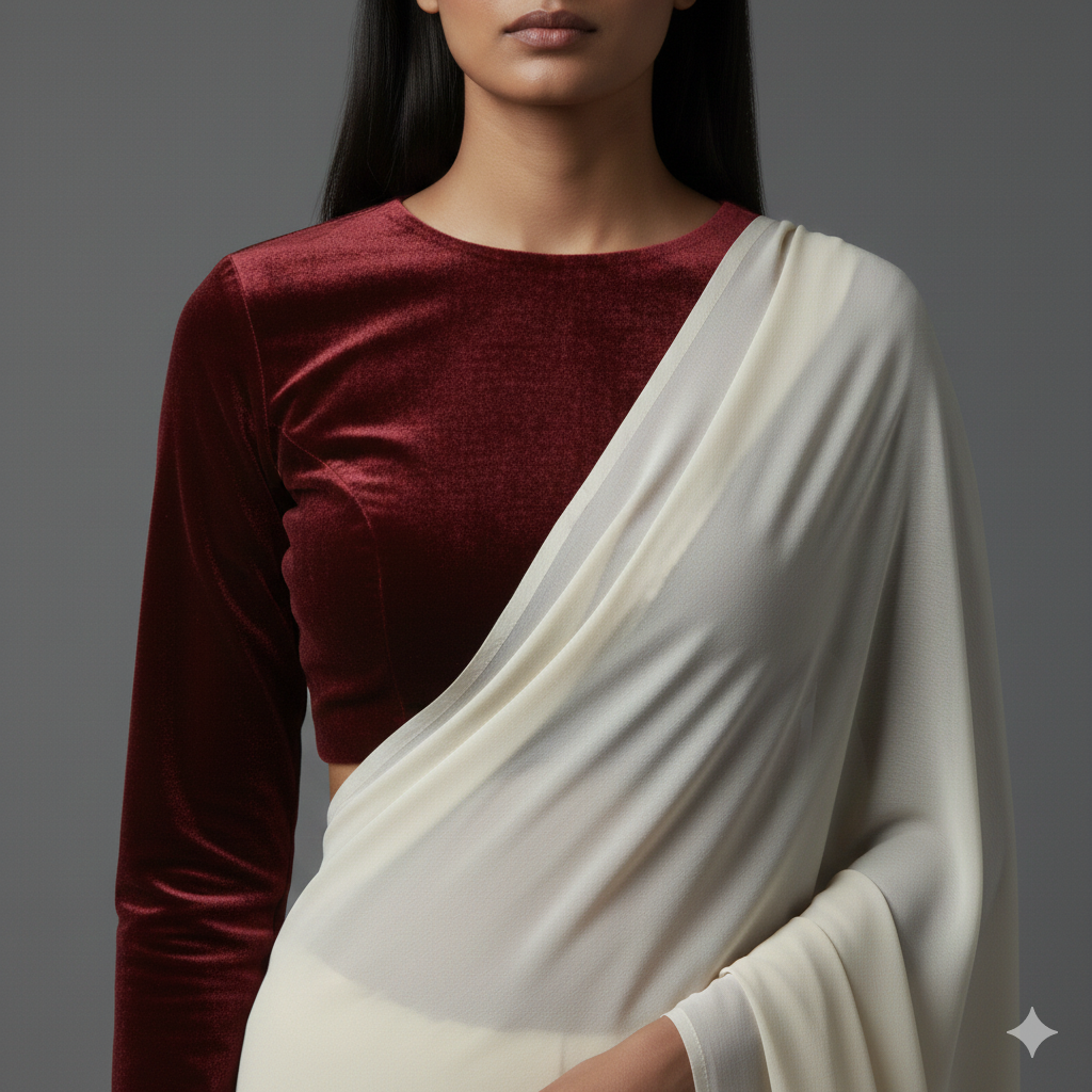 Cream georgette saree styled with maroon velvet blouse for rich traditional contrast
